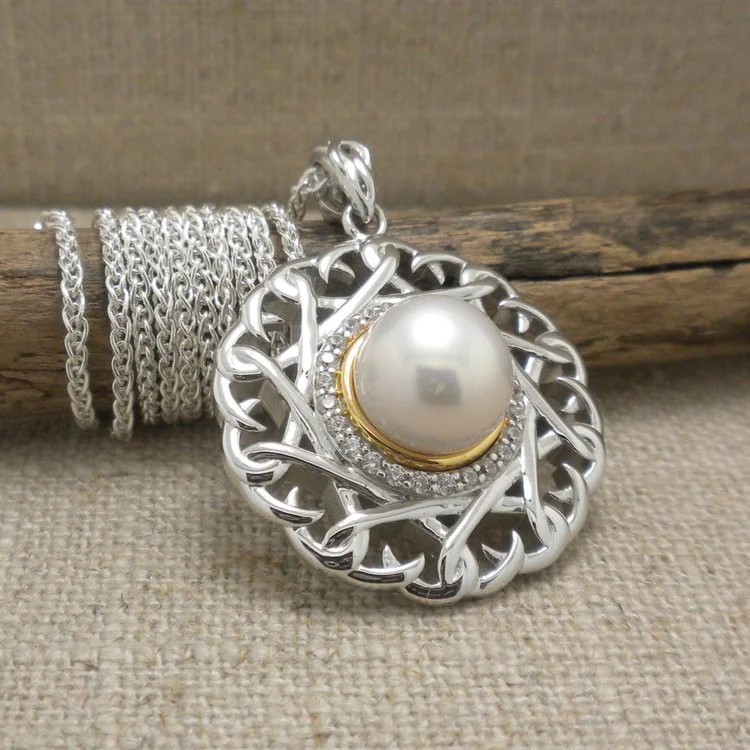 Sterling Silver &amp; 10K Celtic Aphrodite Pendant with Pearl &amp; CZs