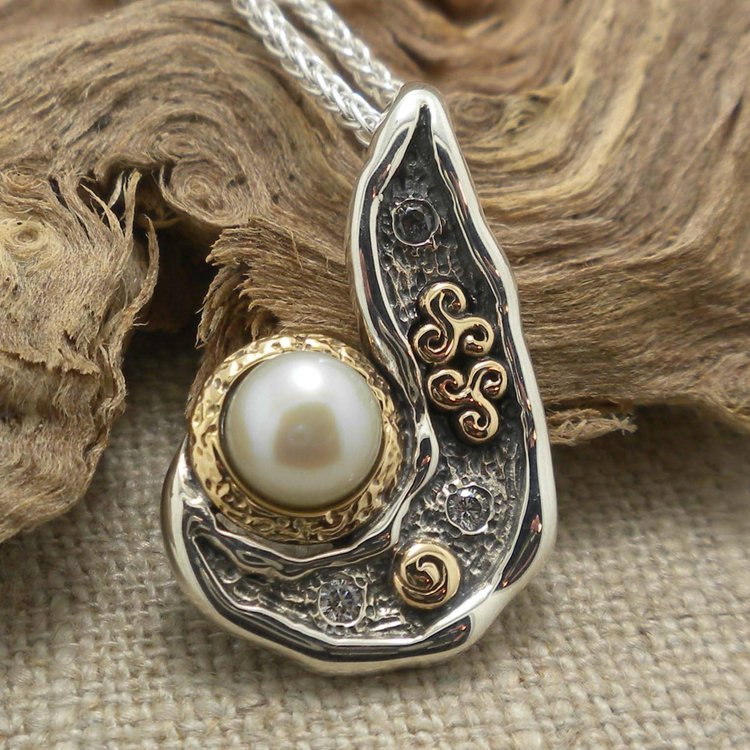 Sterling Silver &amp; 10K Celtic Pendant with Freshwater Pearl, Trinity Knots &amp; Spirals