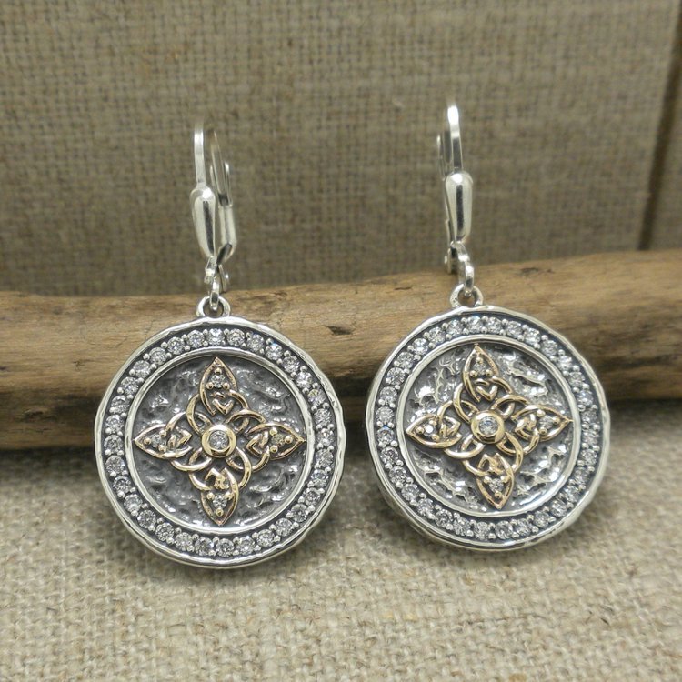 Sterling Silver and 10K CZ Celestial Medallion Earrings
