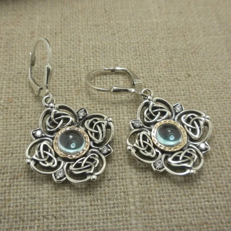 Sterling Silver and 10K Sky Blue Topaz Celtic Celestial Earrings