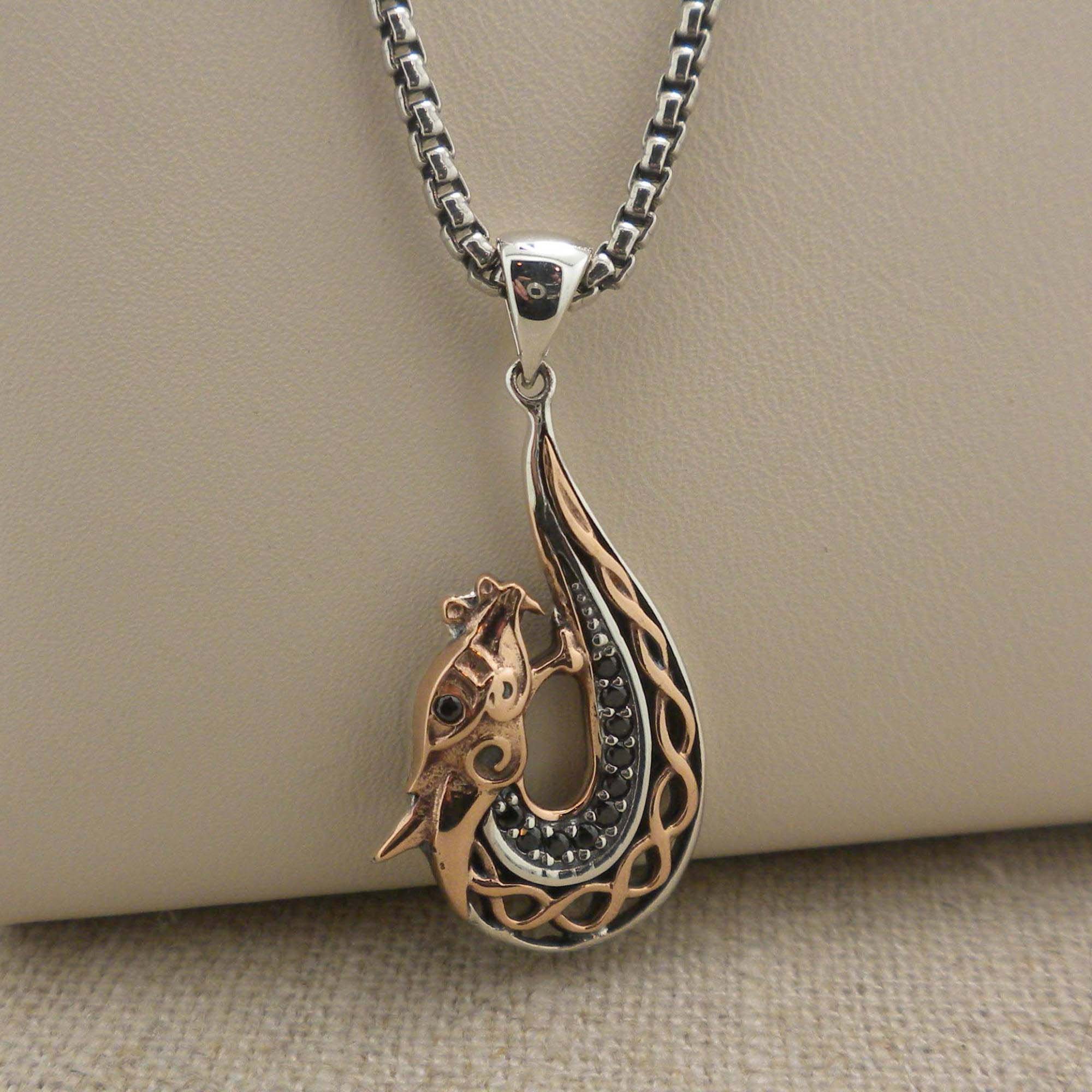 Sterling Silver &amp; Bronze Celtic Dragon Pendant with black CZs by Keith Jack