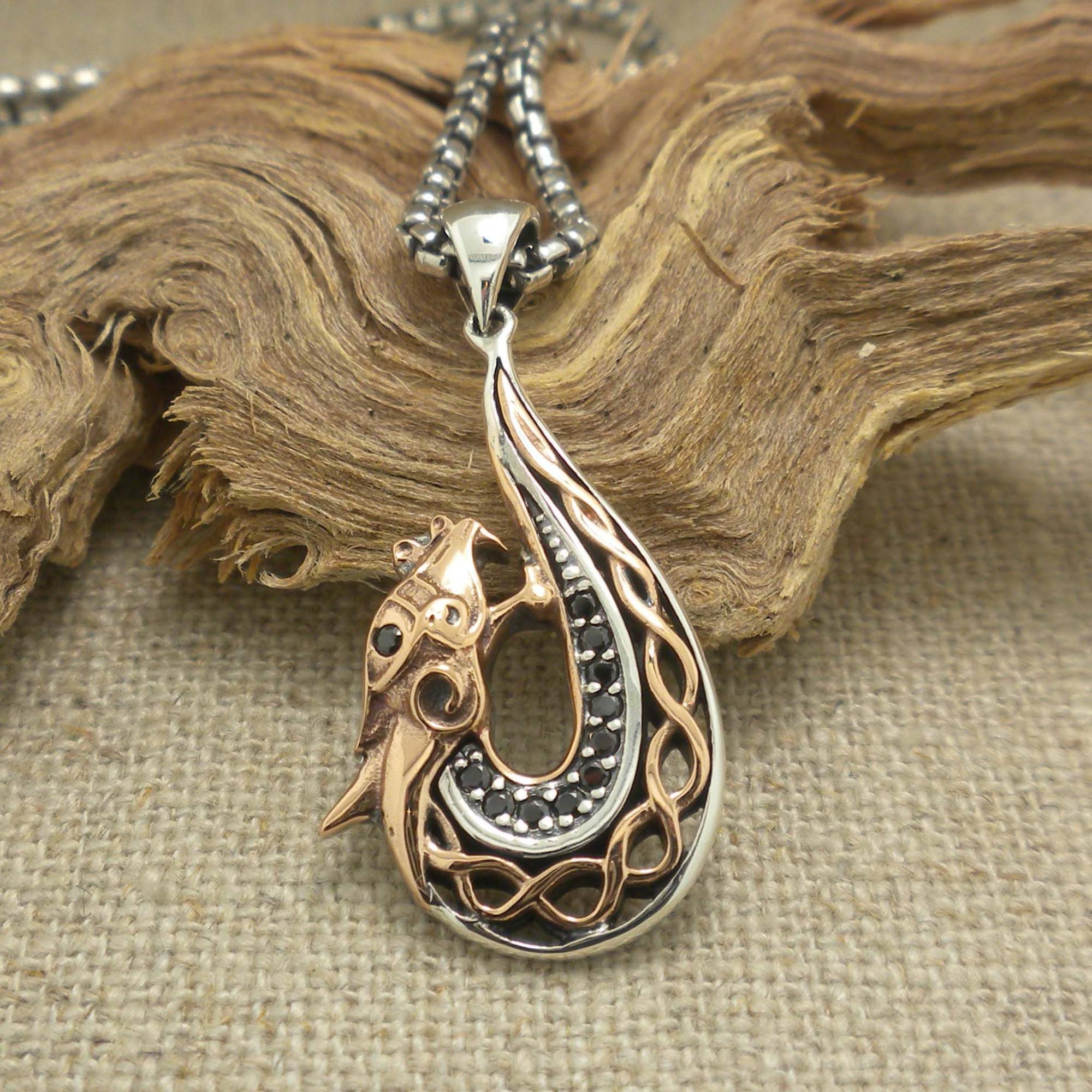 Sterling Silver &amp; Bronze Celtic Dragon Pendant with black CZs by Keith Jack