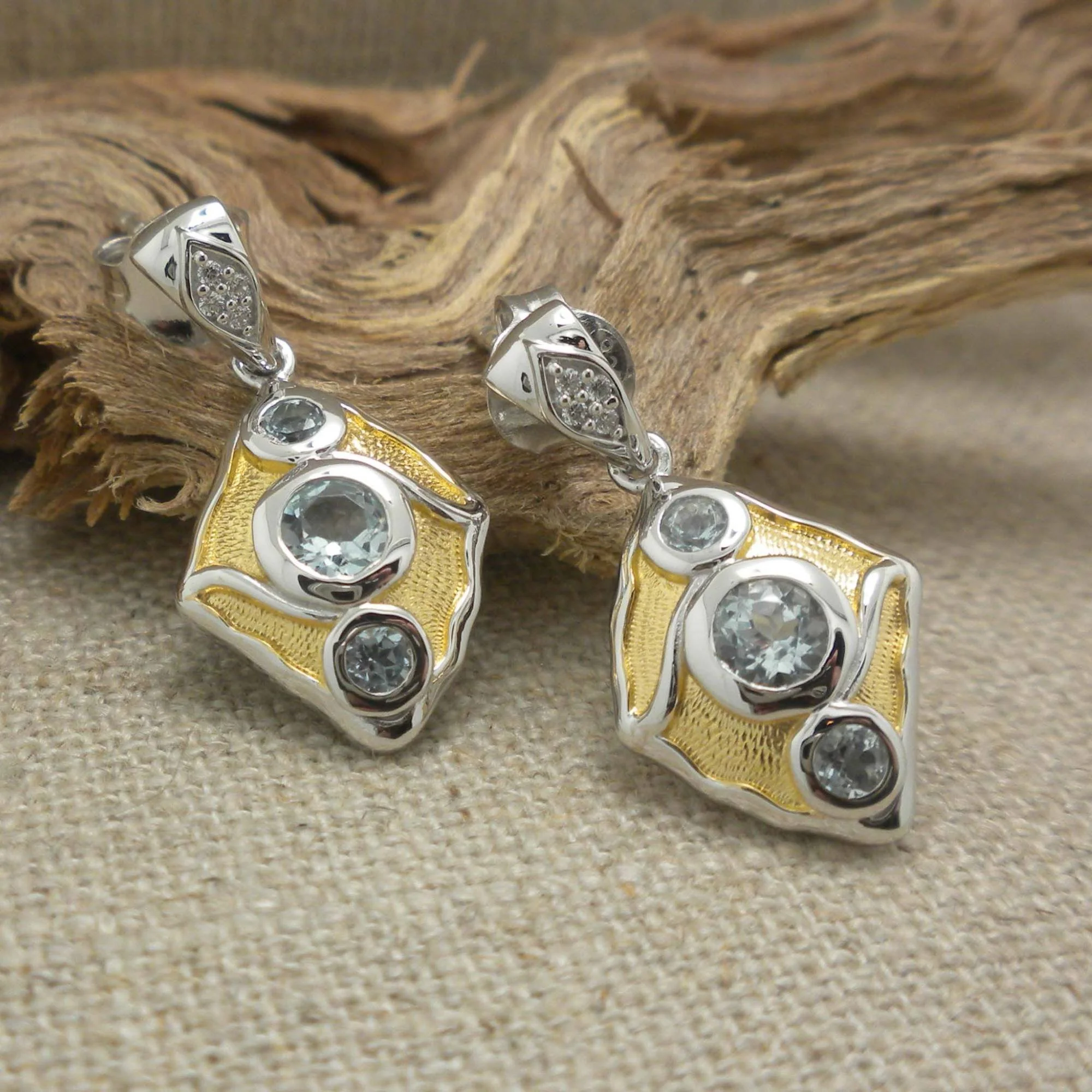 Sterling Silver Rocks N' Rivers Stud Earrings with 23K Gilding and Blue Topaz