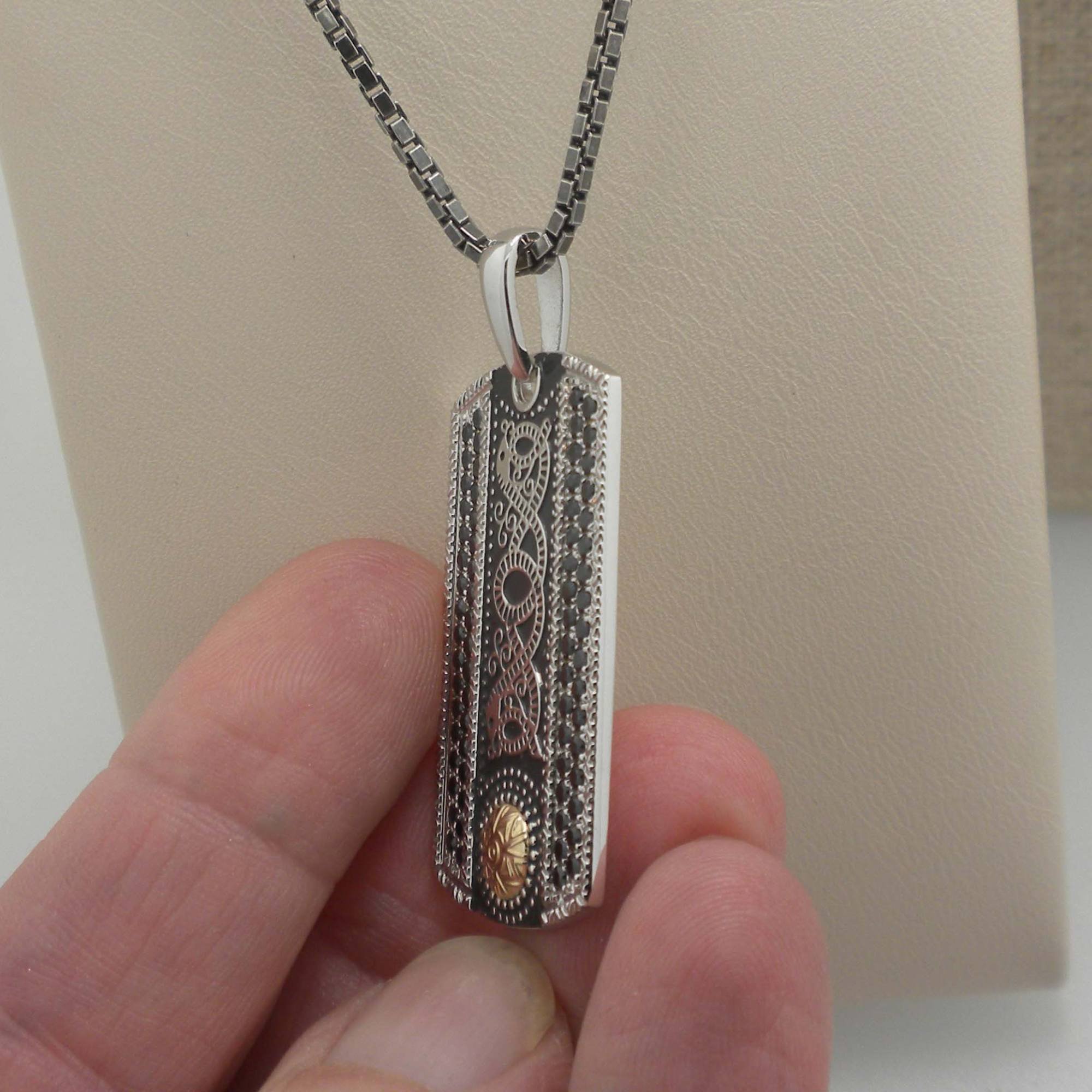 Celtic Warrior Shield Dog Tag Pendant with 18K Gold Bead &amp; Black CZs