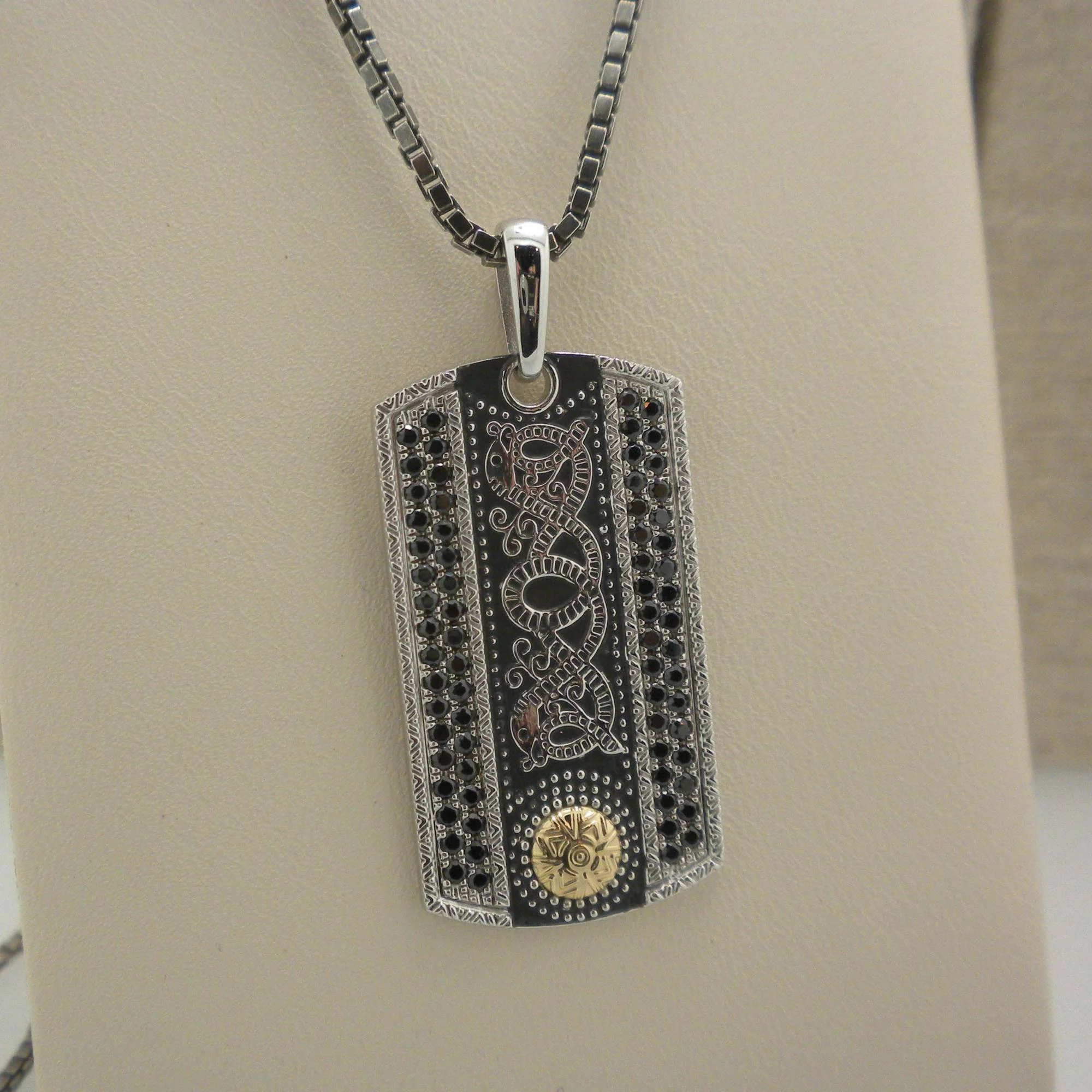 Celtic Warrior Shield Dog Tag Pendant with 18K Gold Bead &amp; Black CZs