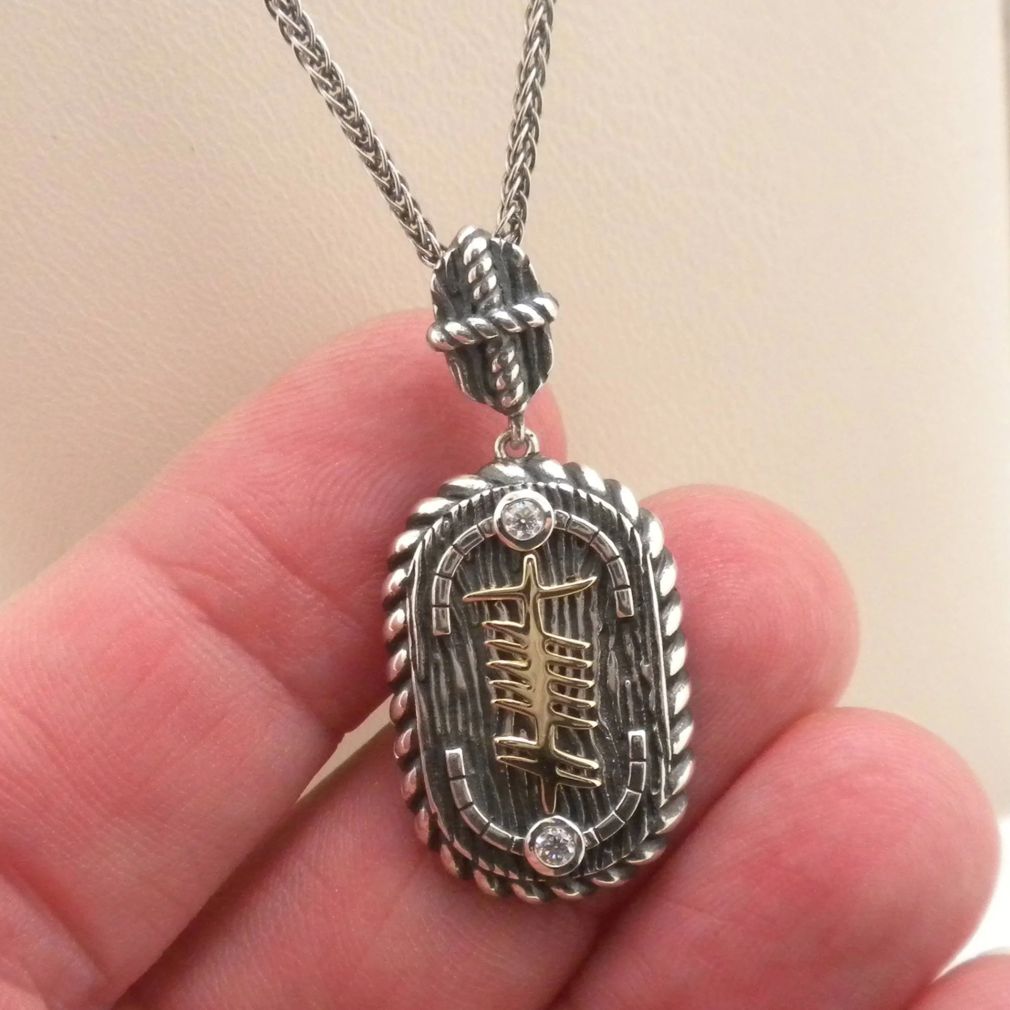 Oxidized Sterling Silver with 10K Celtic Ogham Gra Pendant with CZs 