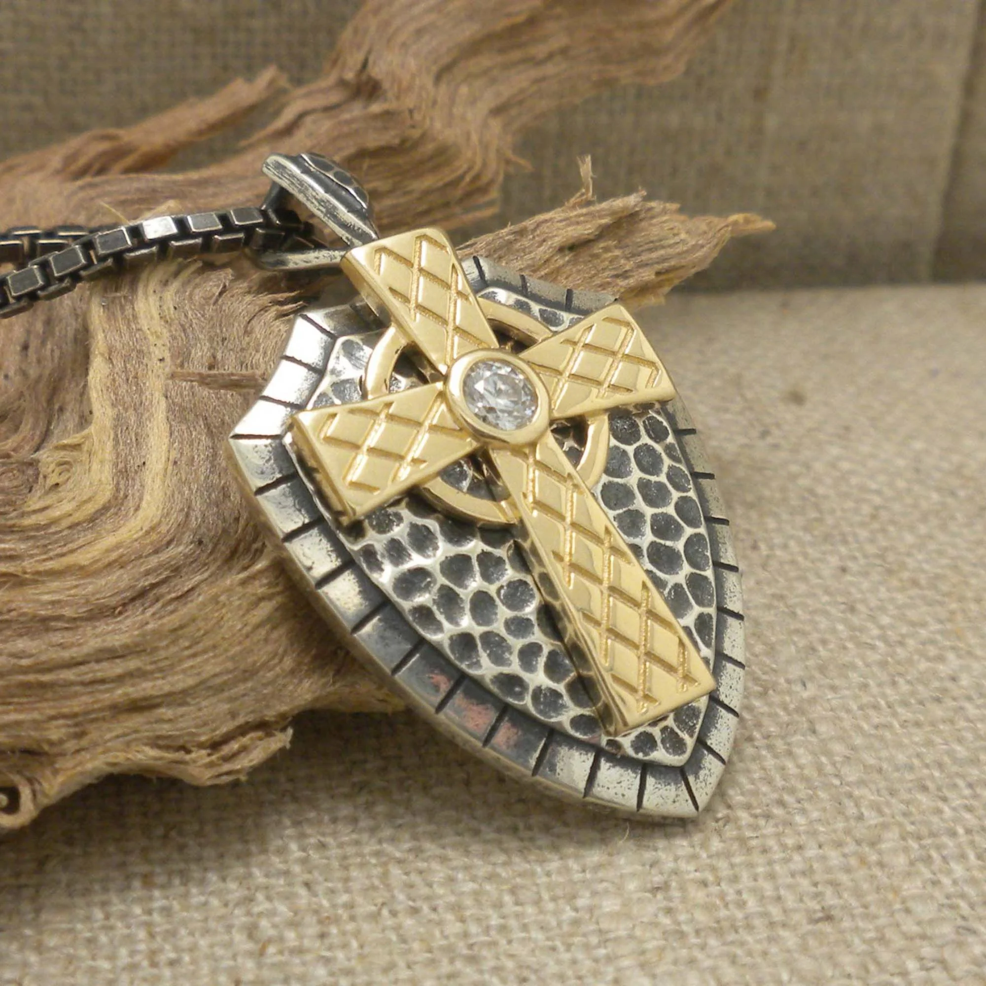 Echoes Sterling Silver &amp; 10K Celtic Cross Shield Pendant with CZ 