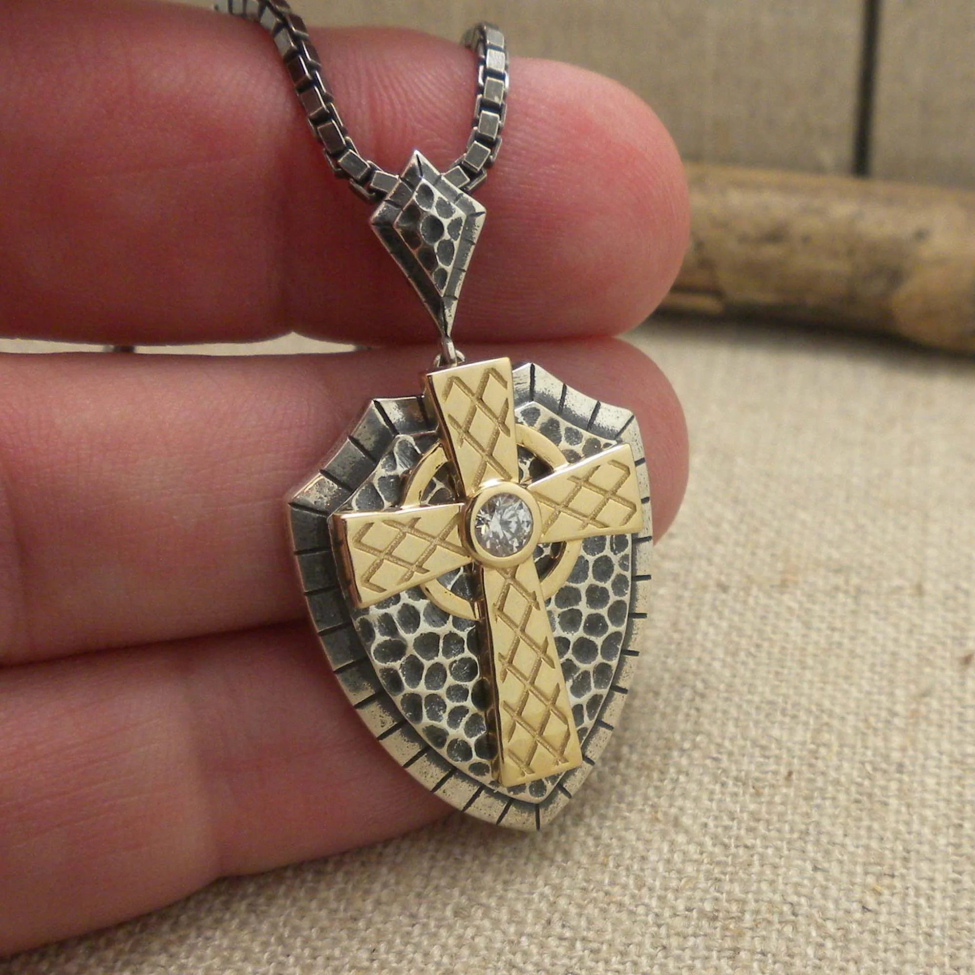 Echoes Sterling Silver &amp; 10K Celtic Cross Shield Pendant with CZ 