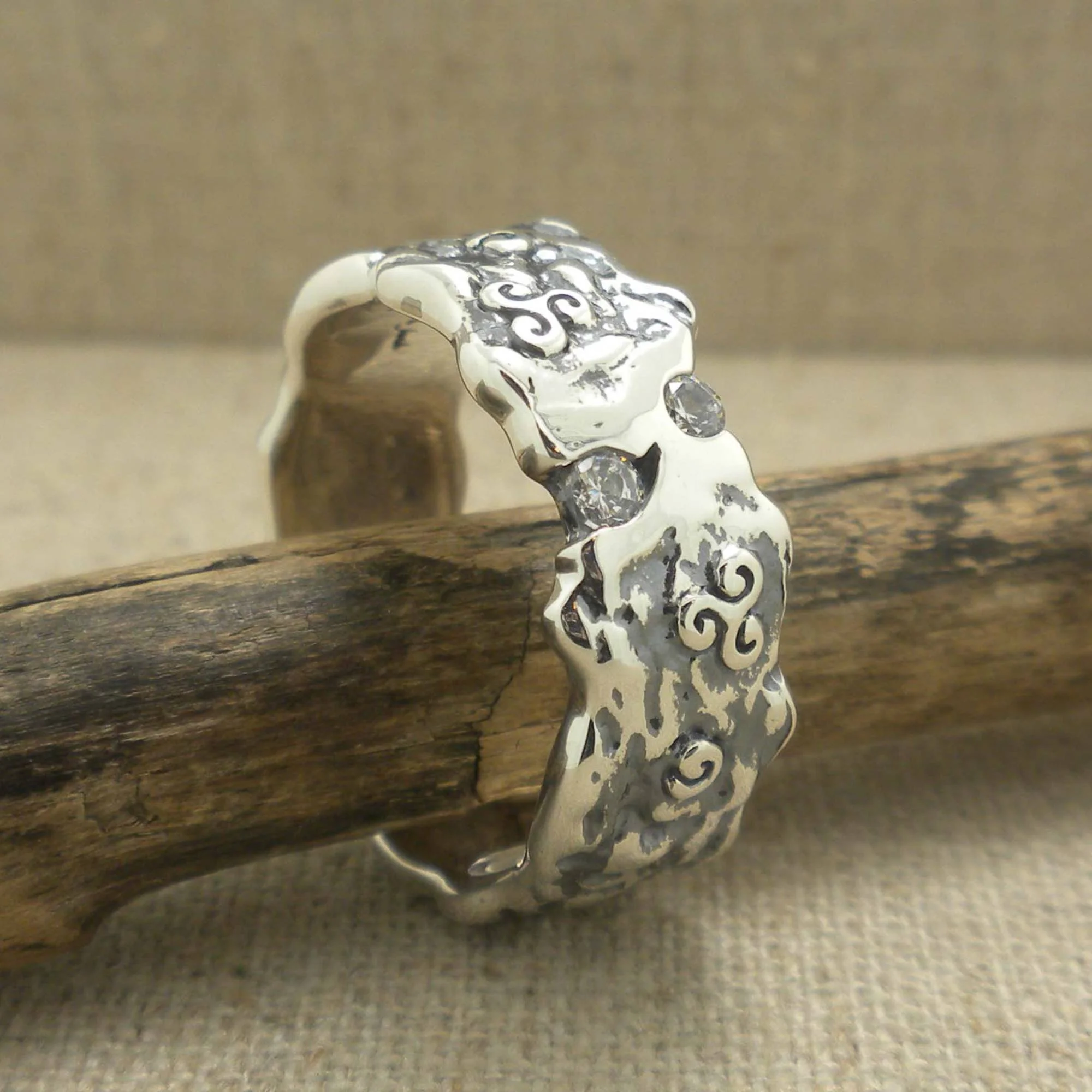 Sterling Silver with CZs Rocks 'N Rivers Ring with Celtic Spirals Triskele 