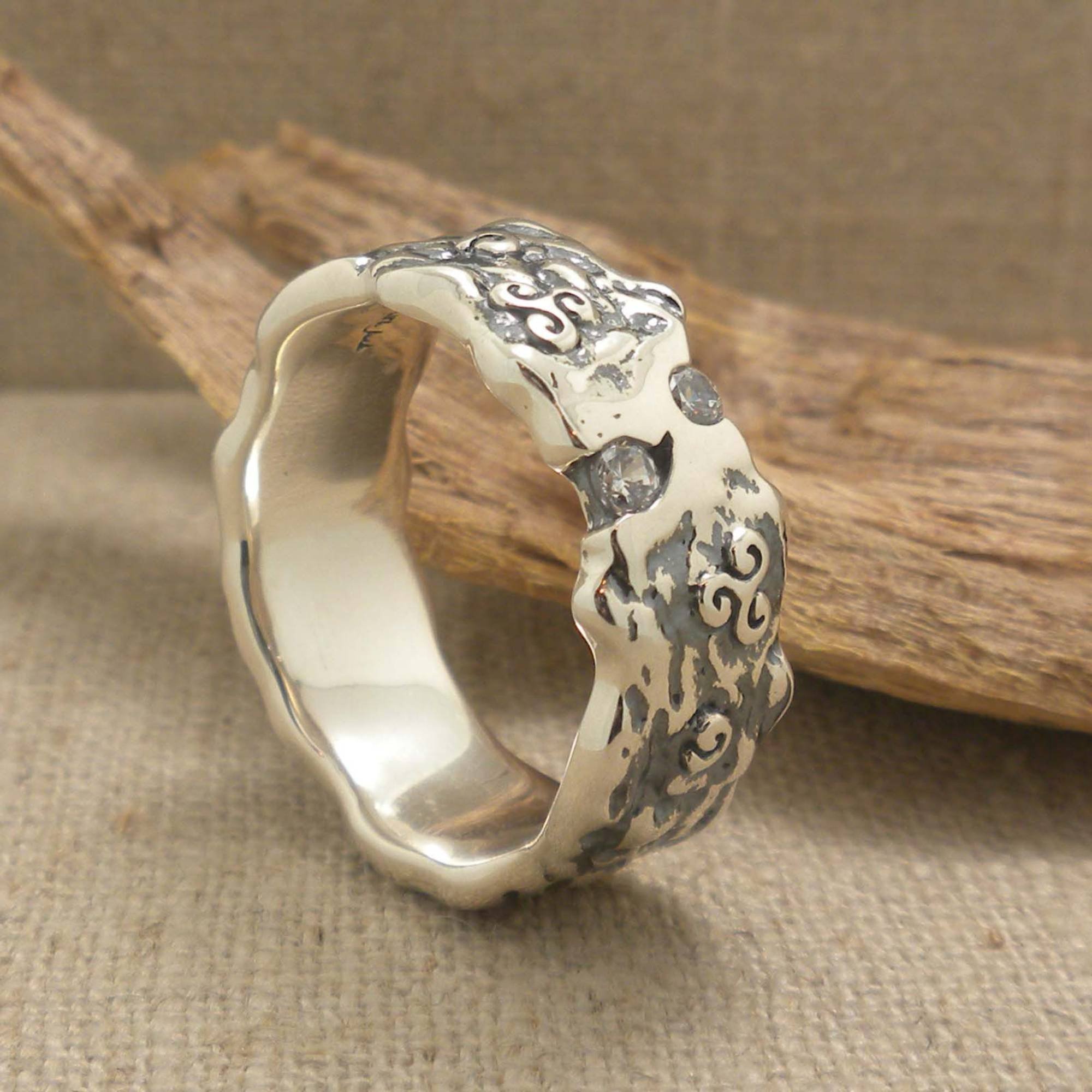 Sterling Silver with CZs Rocks 'N Rivers Ring with Celtic Spirals Triskele 