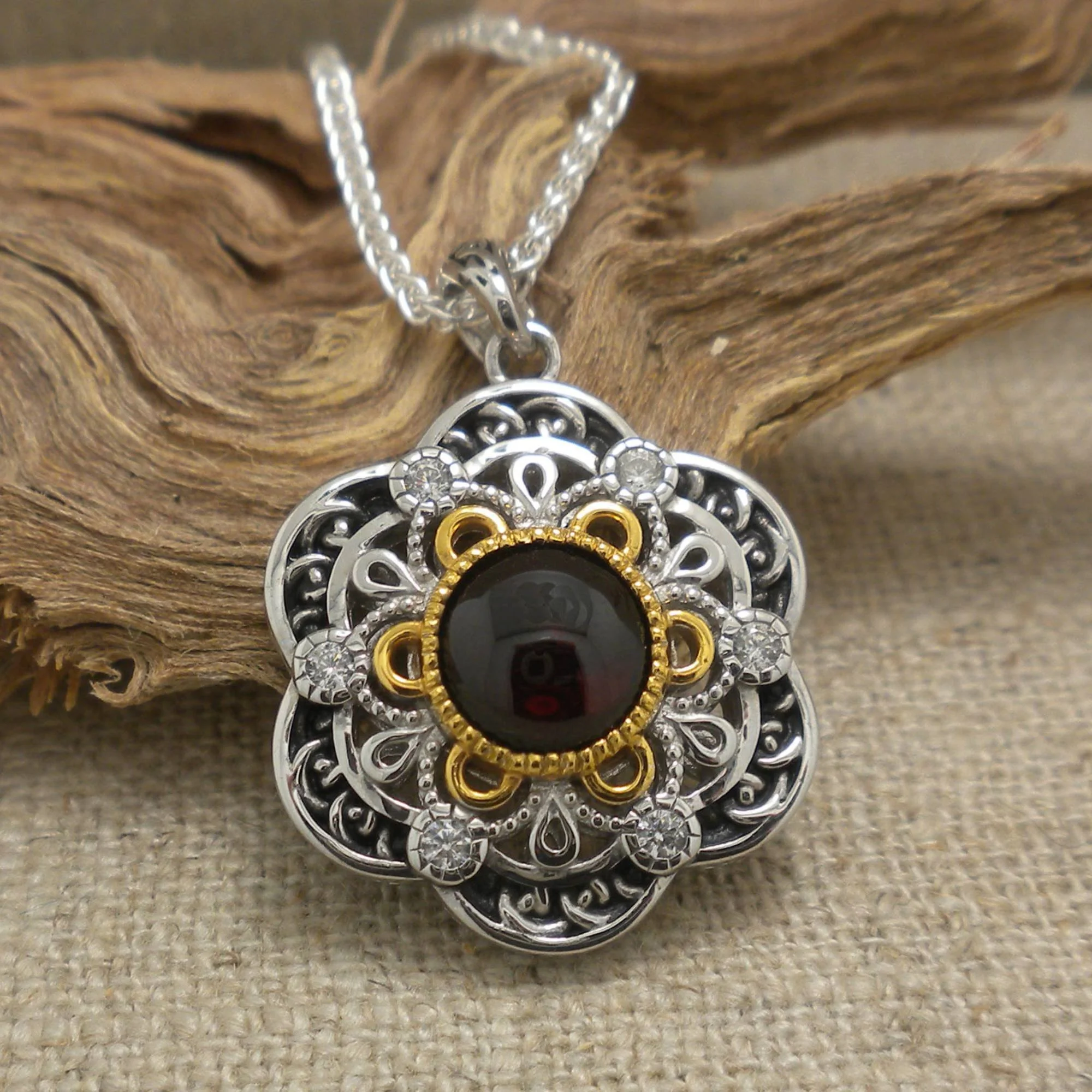 Sterling Silver with Rhodium and 23K Gilding Celestial with CZ Pendant
