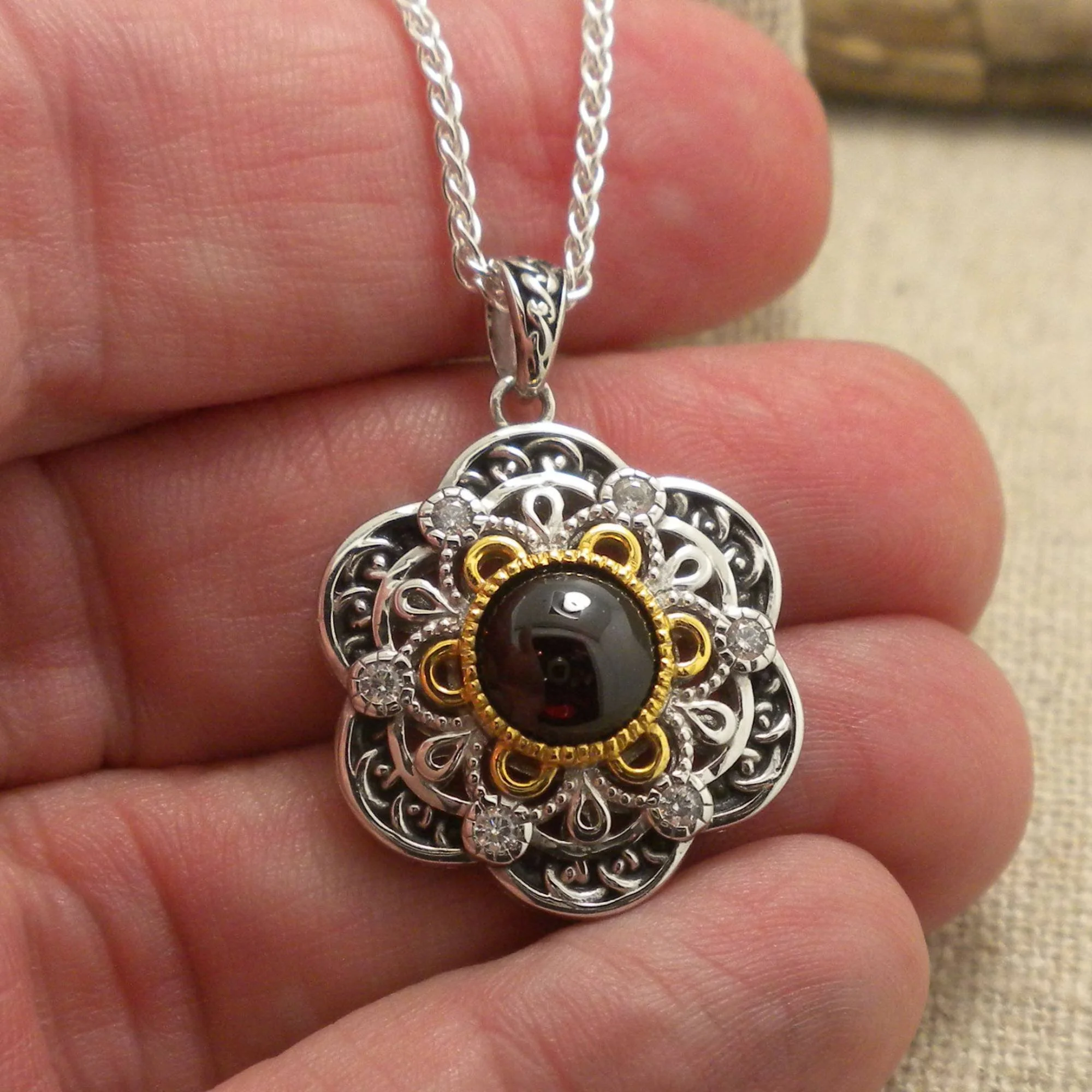 Sterling Silver with Rhodium and 23K Gilding Celestial with CZ Pendant