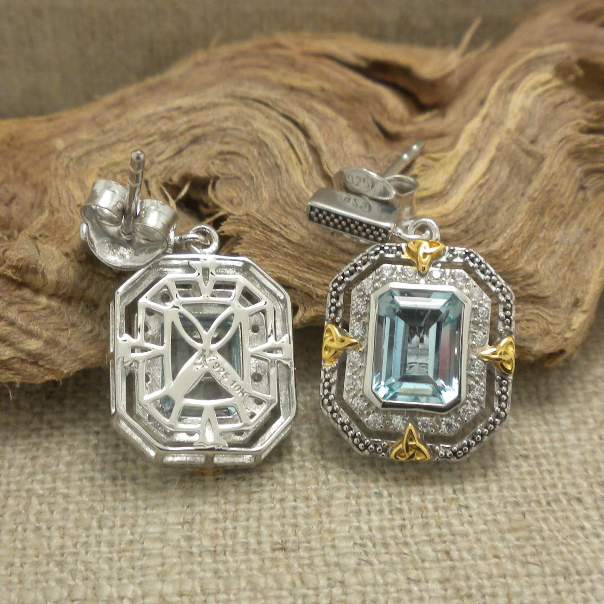 Sterling Silver &amp; 10K Octagon Celestial Earrings with Trinity Knots &amp; Blue Topaz 