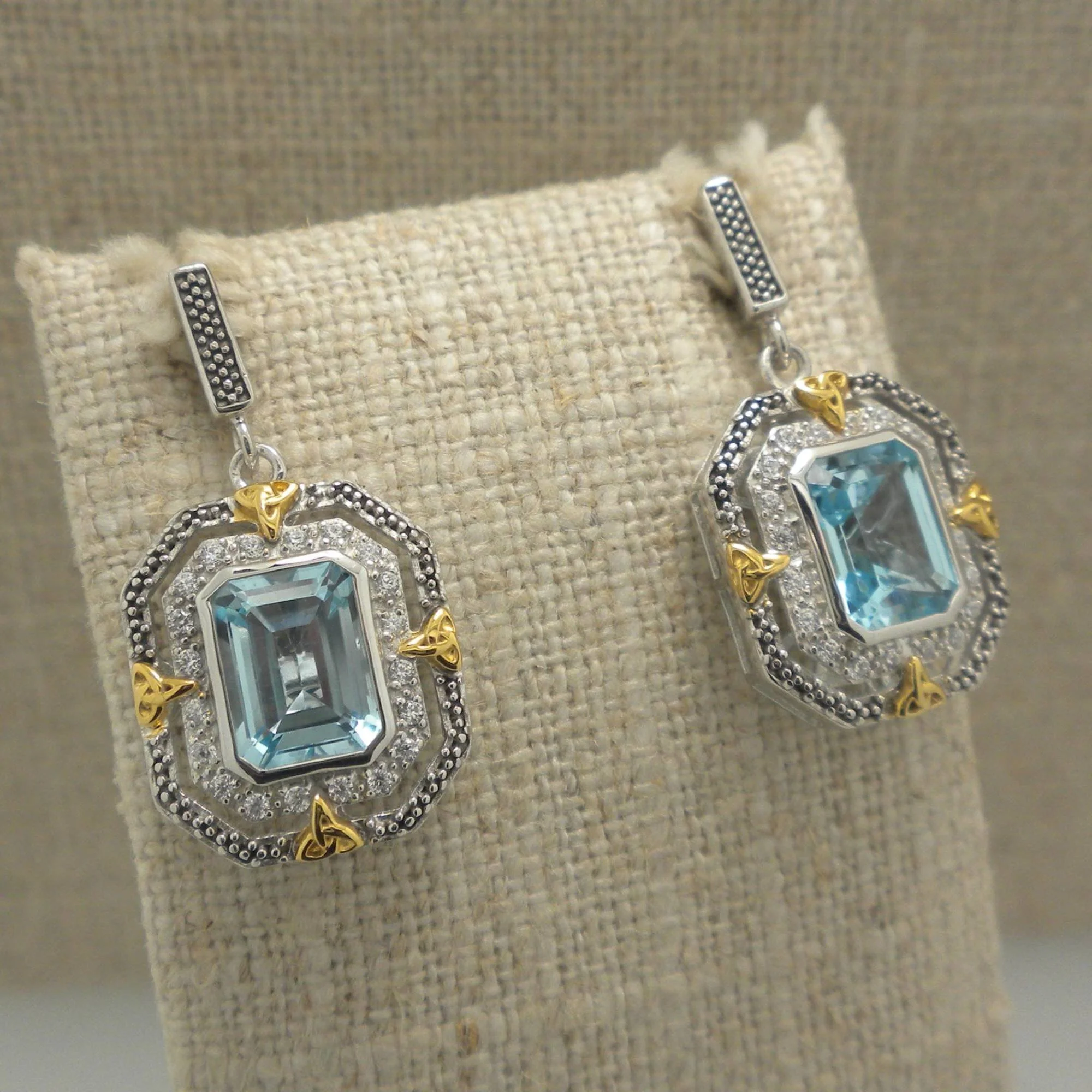 Sterling Silver &amp; 10K Octagon Celestial Earrings with Trinity Knots &amp; Blue Topaz 