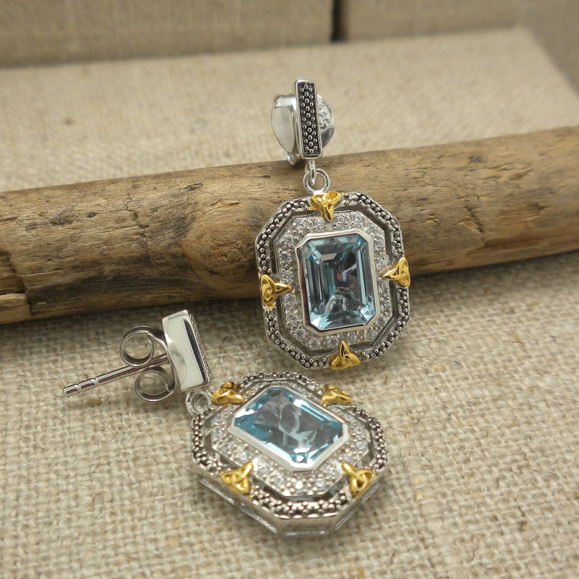 Sterling Silver &amp; 10K Octagon Celestial Earrings with Trinity Knots &amp; Blue Topaz