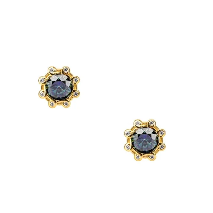 Sterling Silver and 23K Gilding Celestial Earrings with Mystic Blue Moissanite and CZs