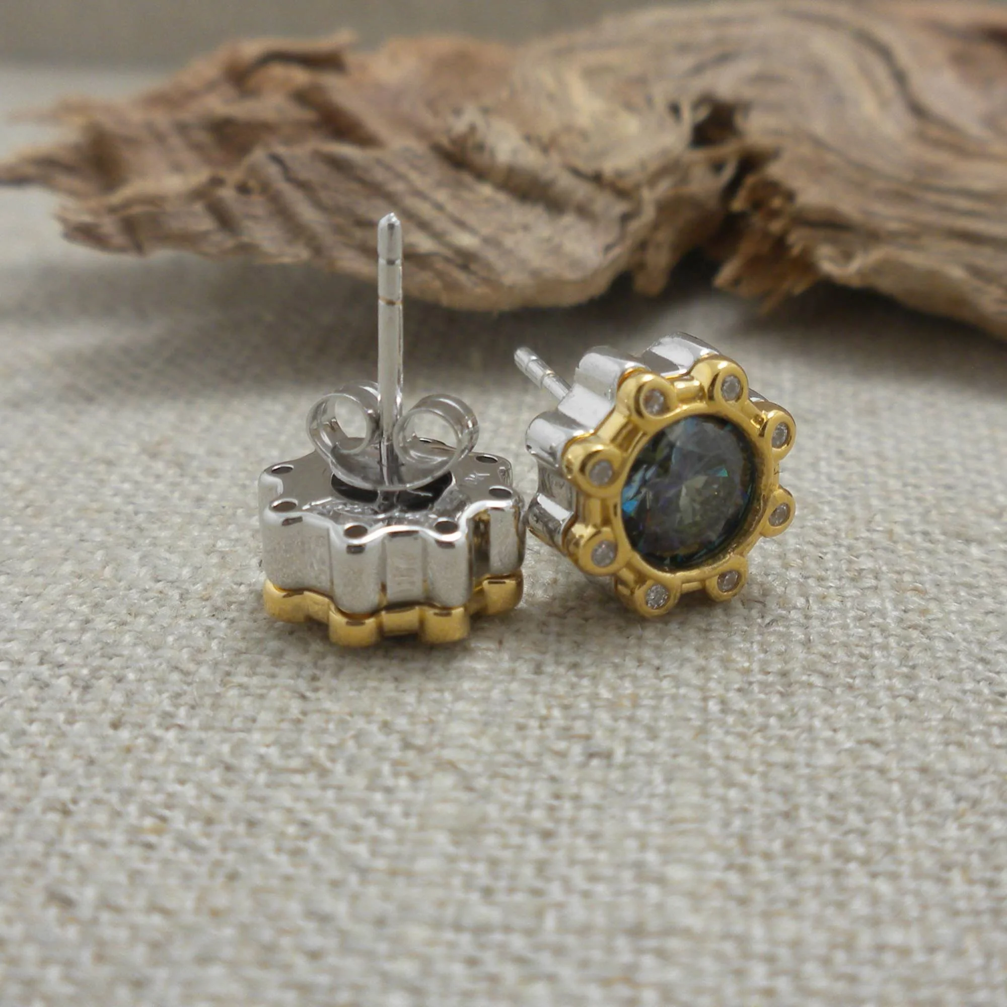 Sterling Silver and 23K Gilding Celestial Earrings with Mystic Blue Moissanite and CZs