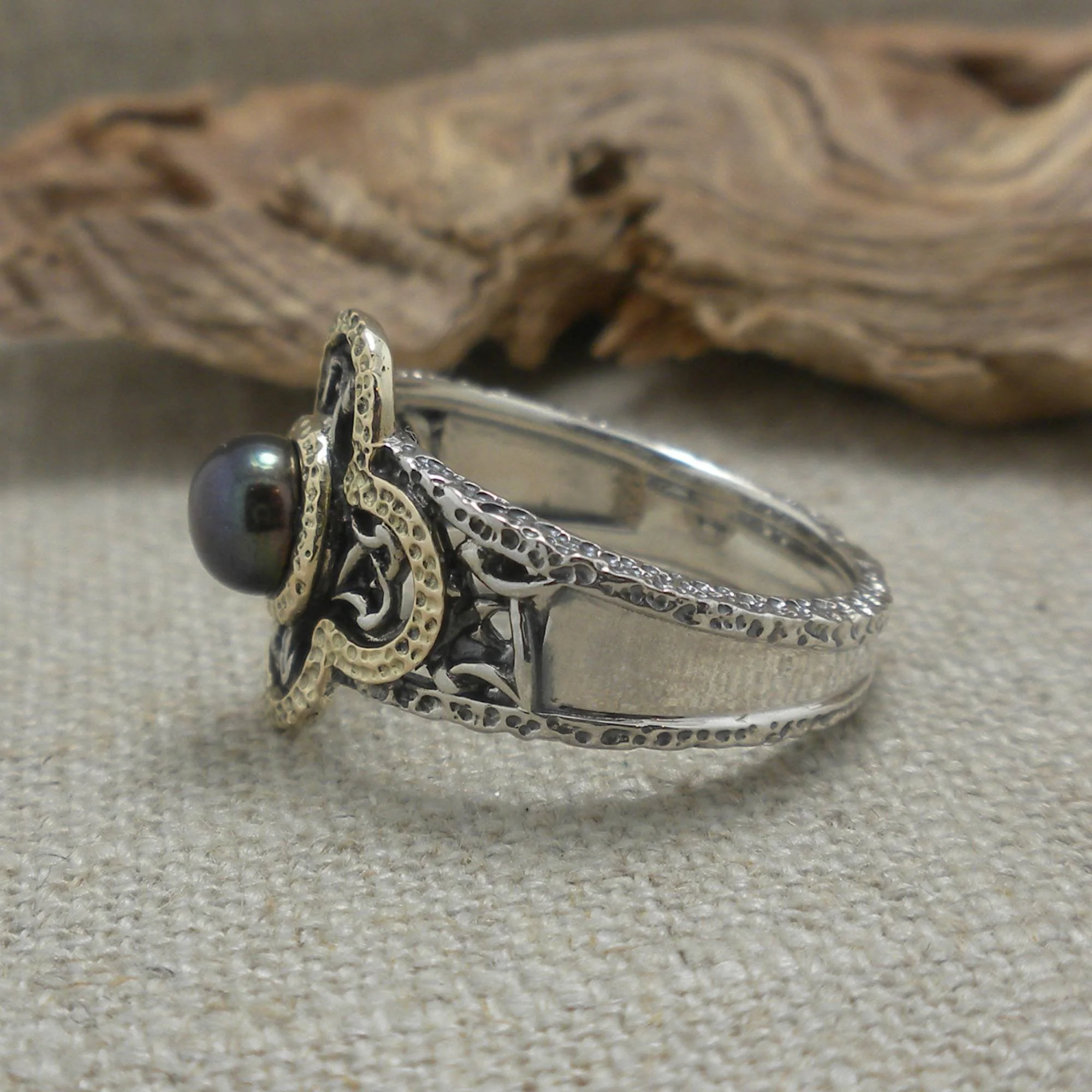 Sterling Silver &amp; 10K Aphrodite Ring with Celtic Knots &amp; Peacock Pearl by Keith Jack