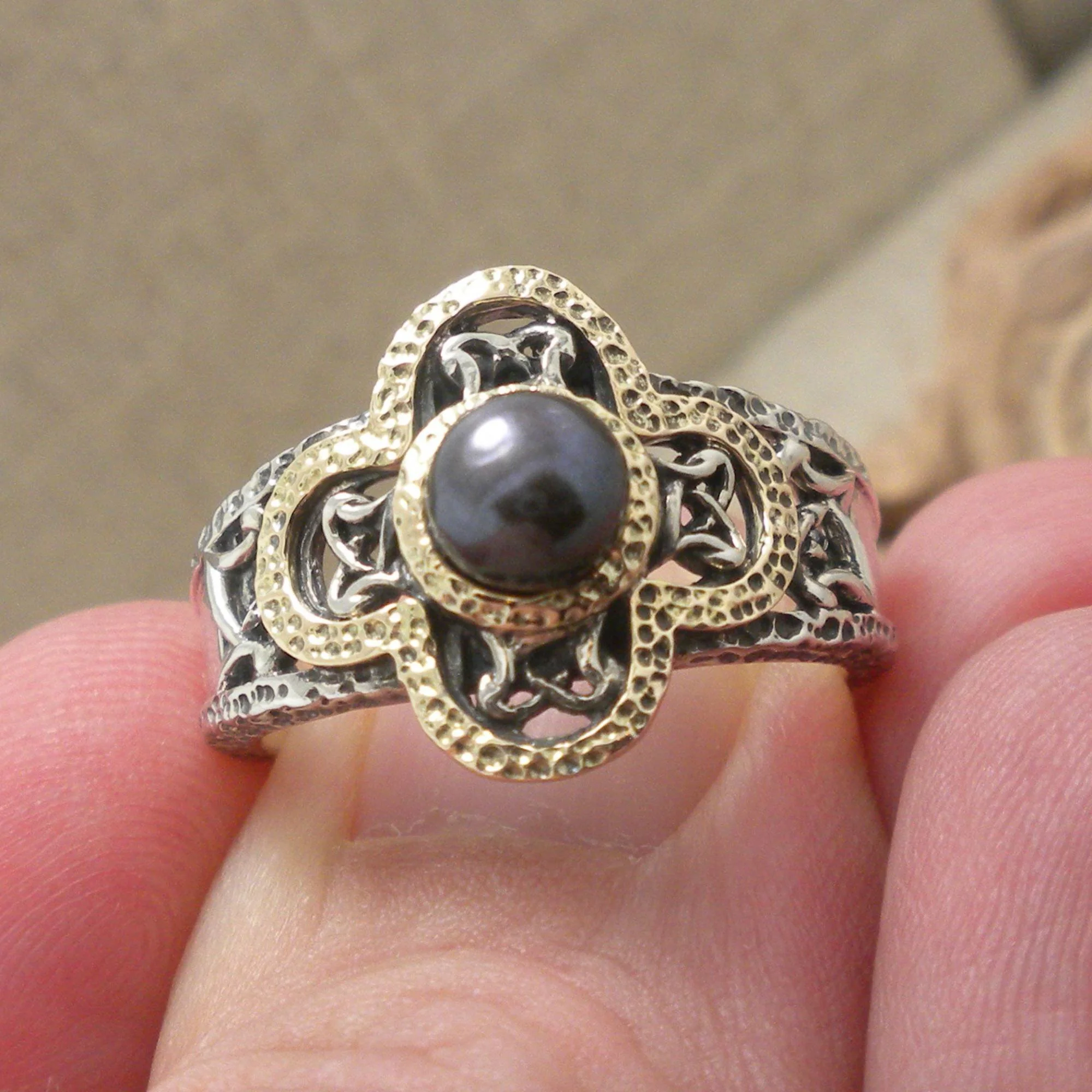 Sterling Silver &amp; 10K Aphrodite Ring with Celtic Knots &amp; Peacock Pearl 