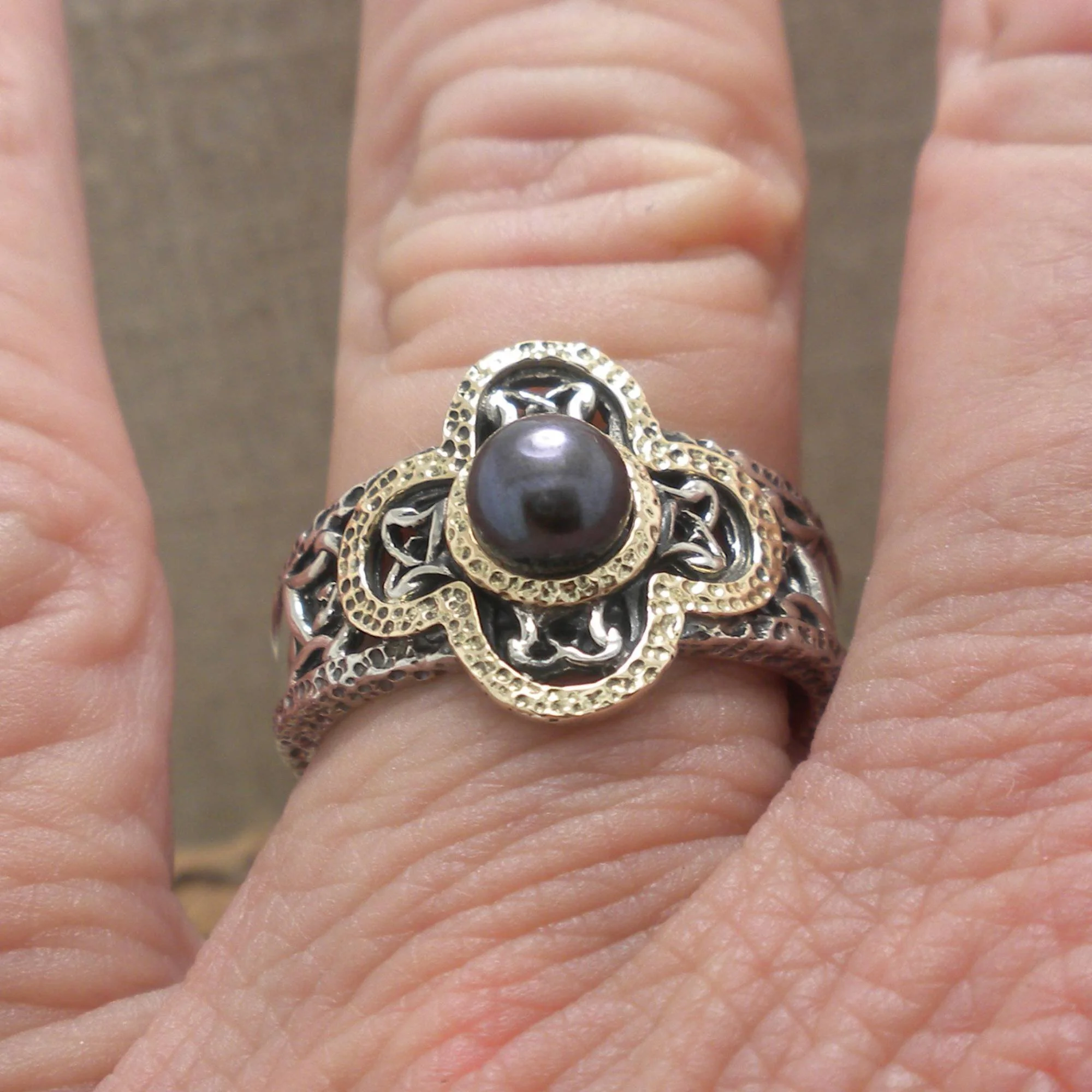 Sterling Silver &amp; 10K Aphrodite Ring with Celtic Knots &amp; Peacock Pearl 
