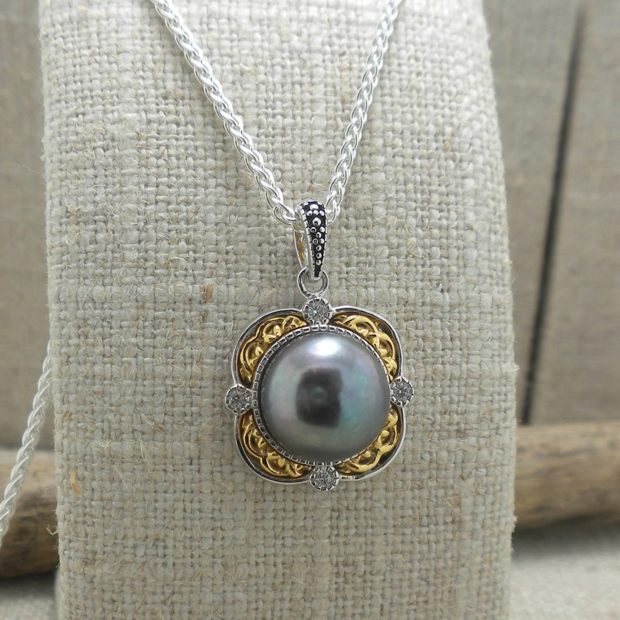 Sterling Silver &amp; 10K Aphrodite Celtic Pendant with Peacock Pearl 
