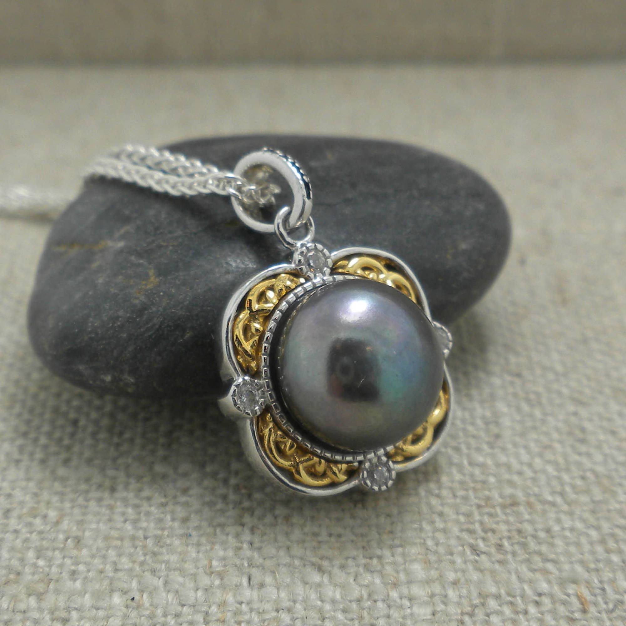 Sterling Silver &amp; 10K Aphrodite Celtic Pendant with Peacock Pearl 