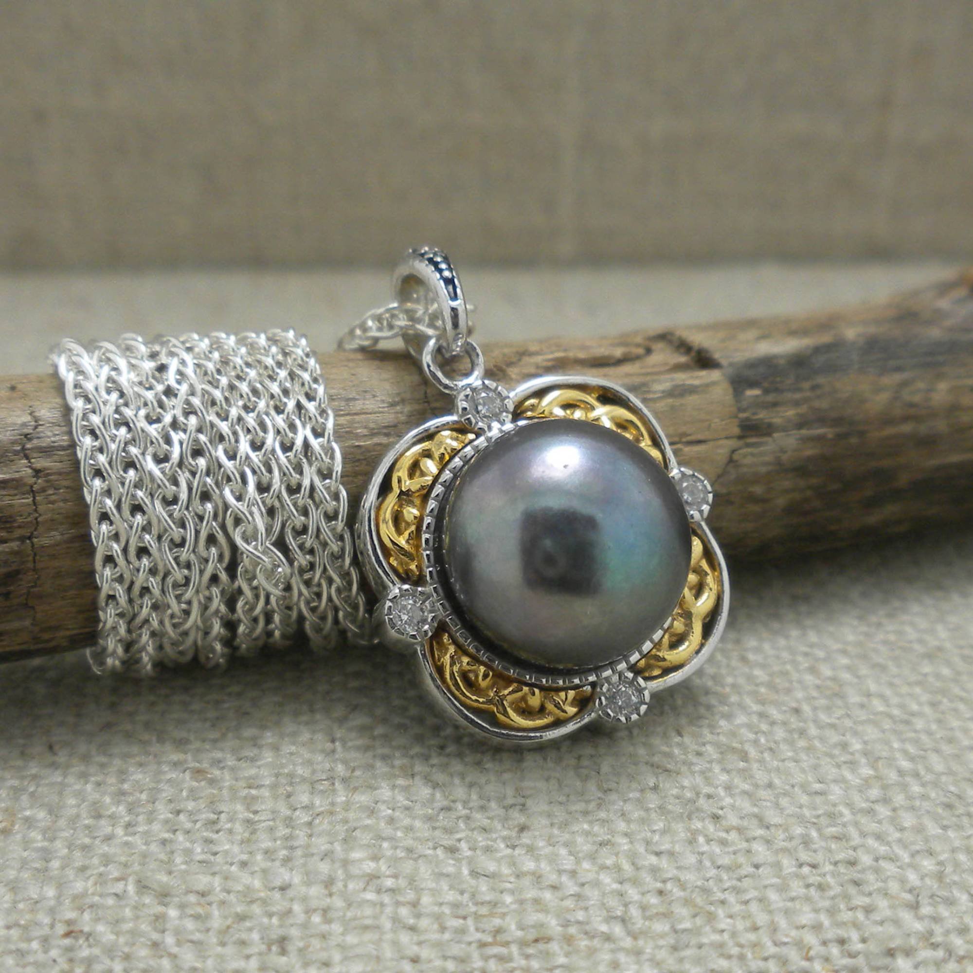 Sterling Silver &amp; 10K Aphrodite Celtic Pendant with Peacock Pearl