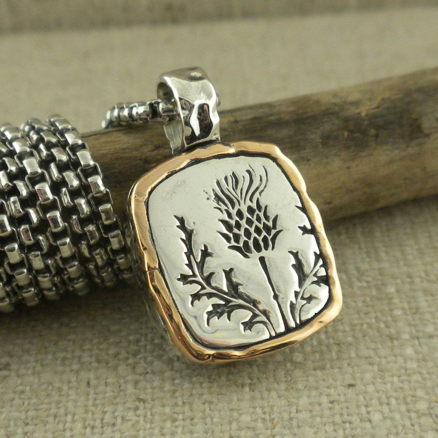 Large Sterling and Bronze Thistle Pendant