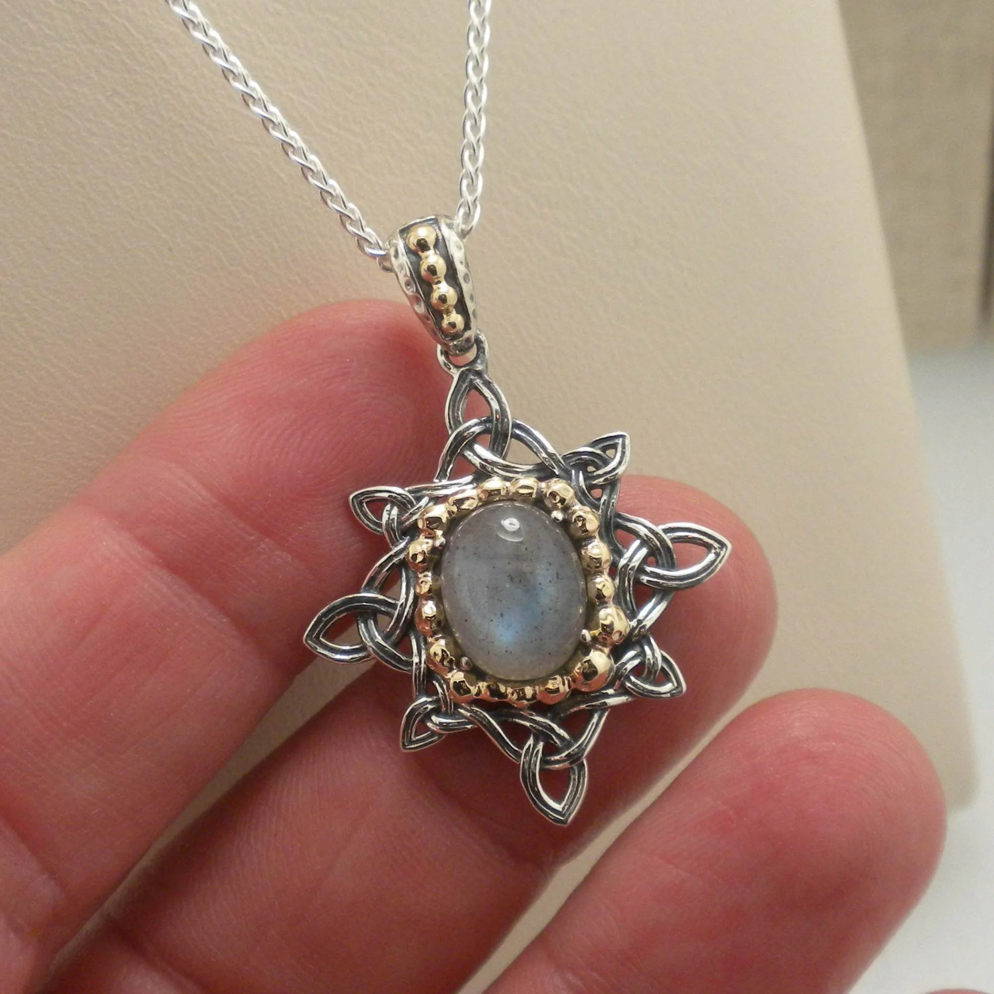 Sterling Silver &amp; 10K Labradorite Celestial Pendant with Trinity Knots by Keith Jack