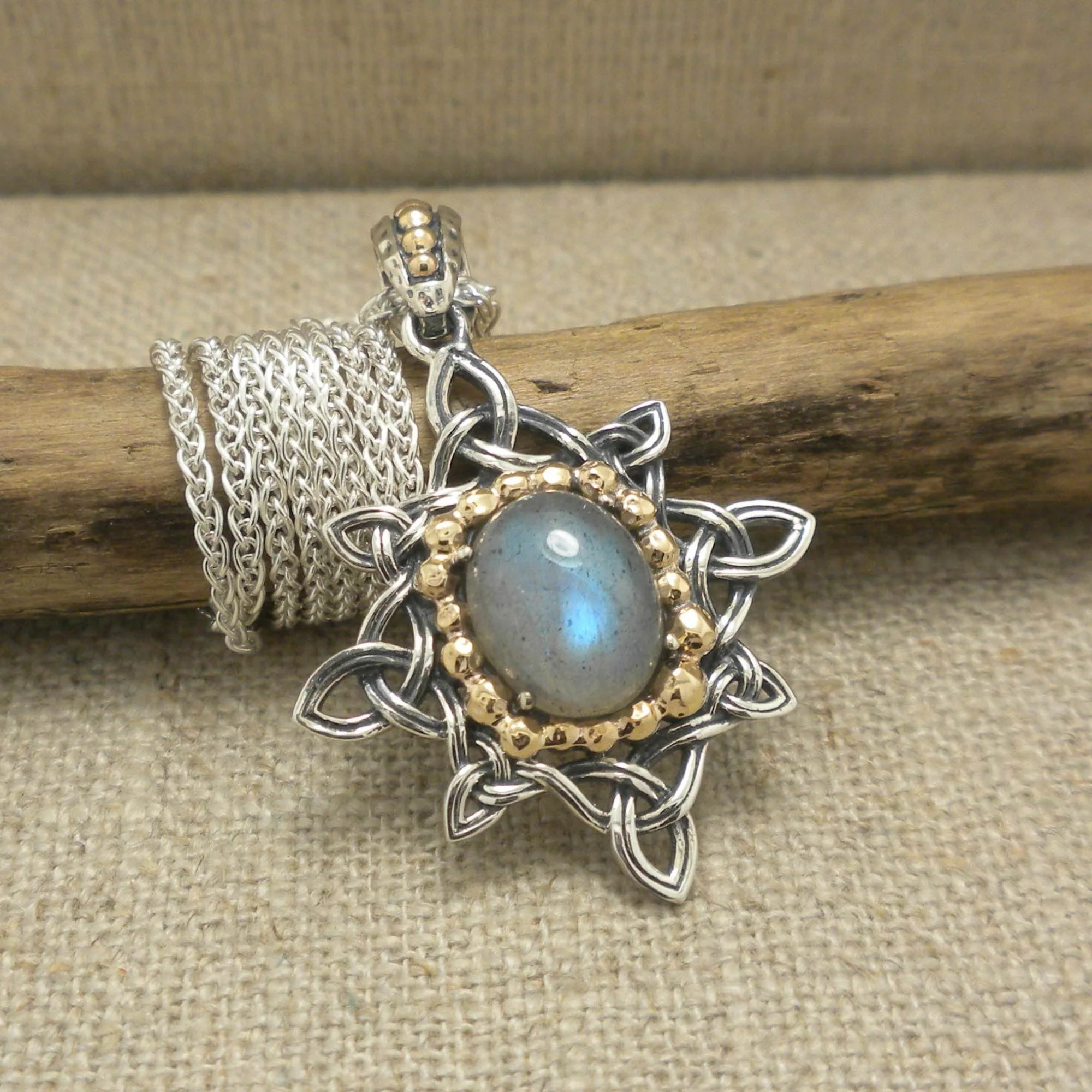 Sterling Silver &amp; 10K Labradorite Celestial Pendant with Trinity Knots