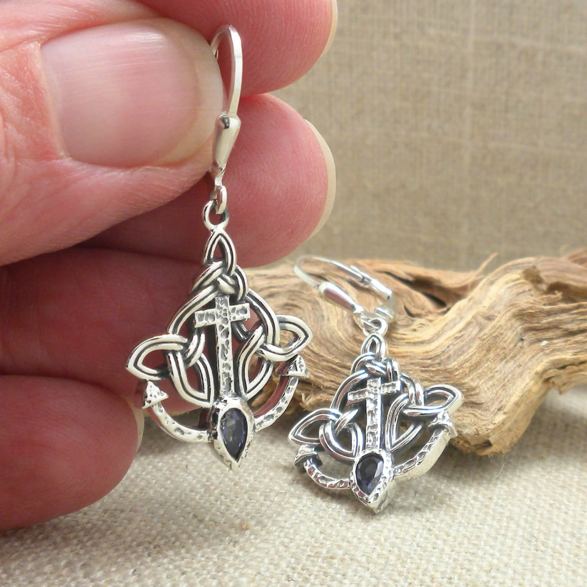 Sterling Silver Anchor &amp; Cross Iolite Rocks N' Rivers Earrings