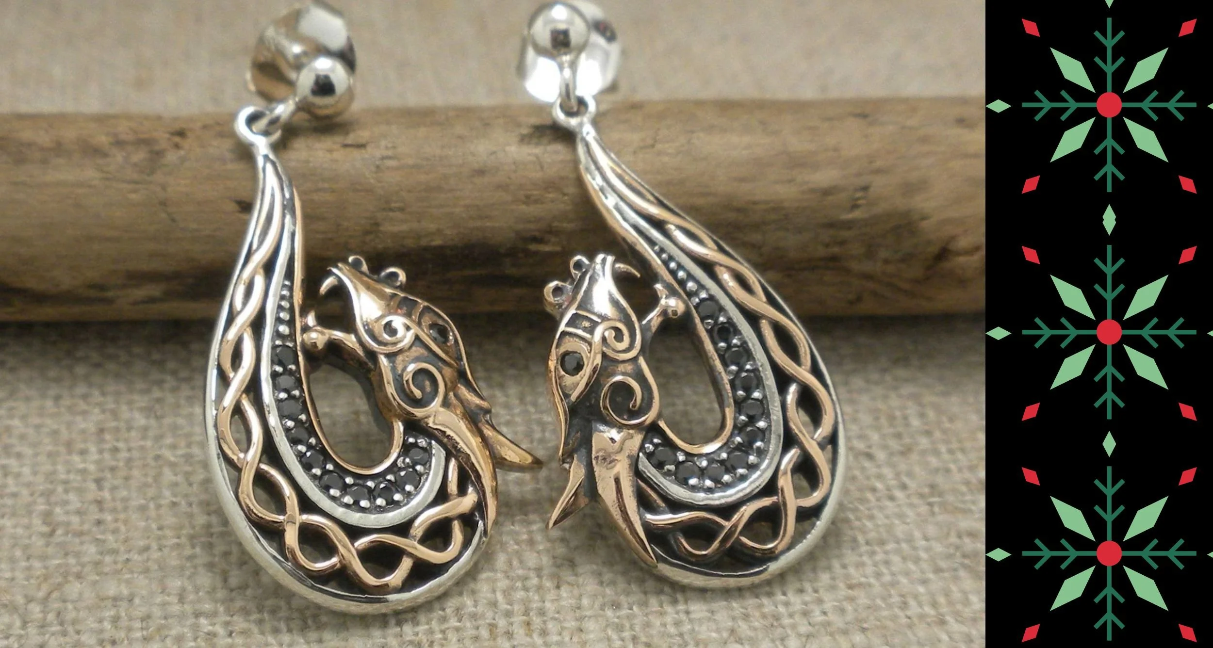 Sterling Silver &amp; Bronze Celtic Dragon Earrings with Black CZs by Keith Jack