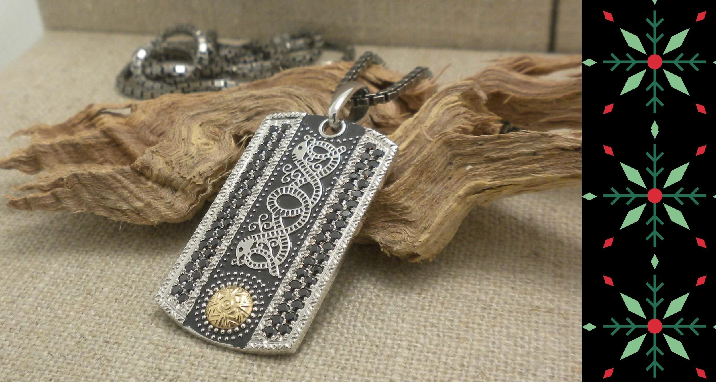 Celtic Warrior Shield Dog Tag Pendant with 18K Gold Bead &amp; Black CZs