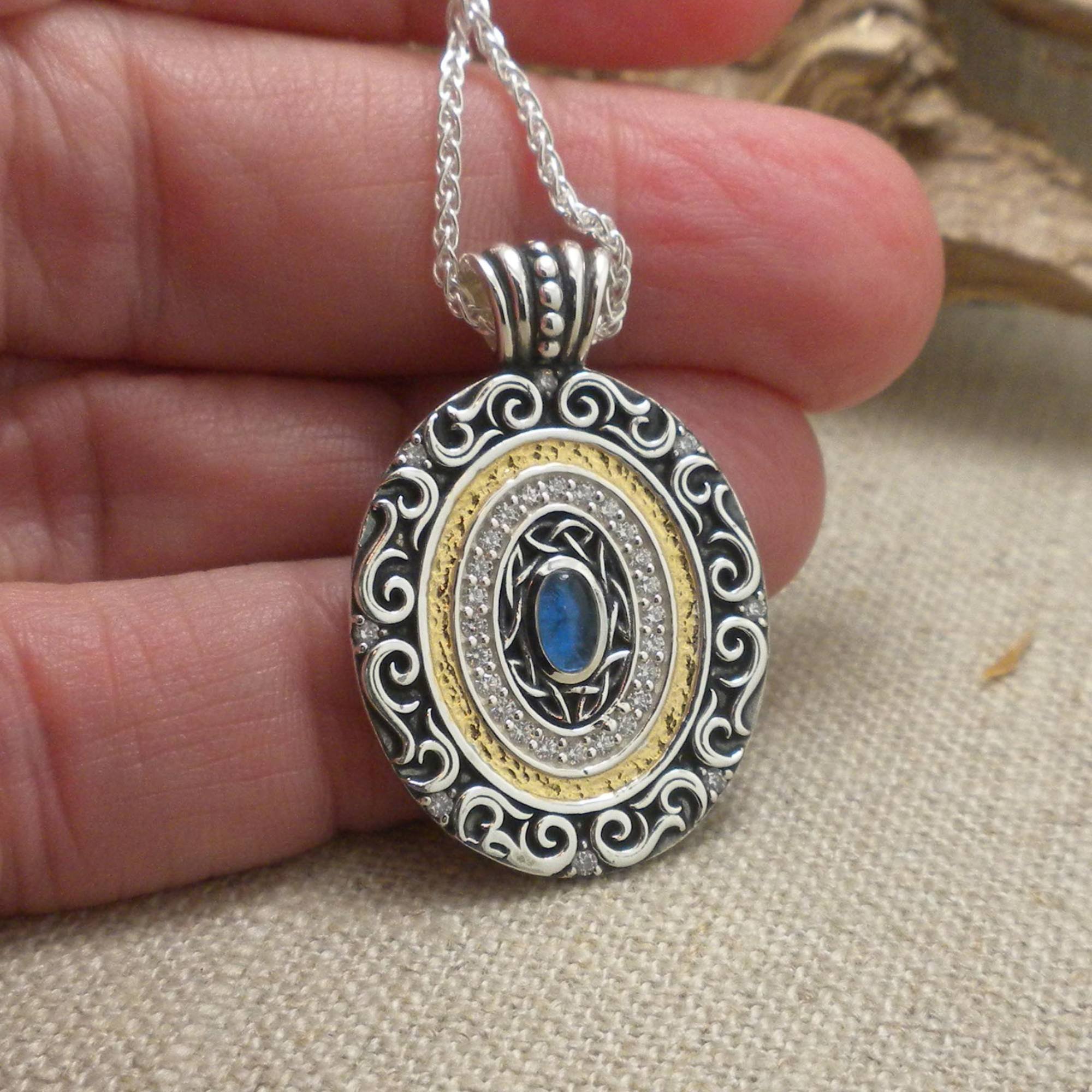 Sterling Silver and 14K Gilding Shield Pendant with CZs &amp; Synthetic Blue Sapphire
