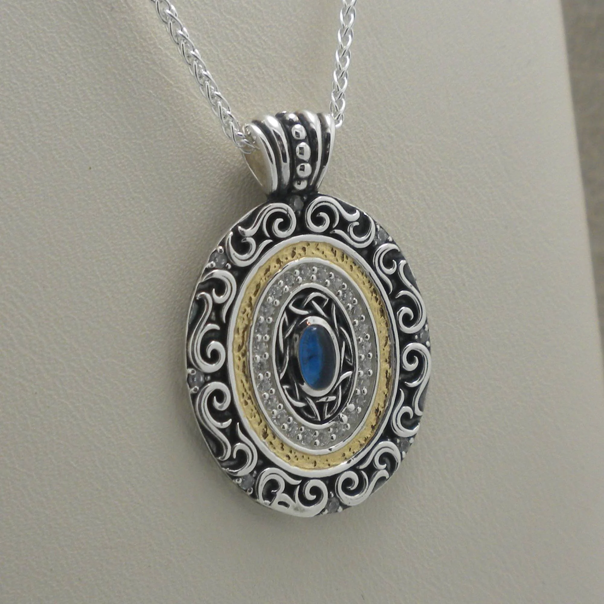 Sterling Silver and 14K Gilding Shield Pendant with CZs &amp; Synthetic Blue Sapphire