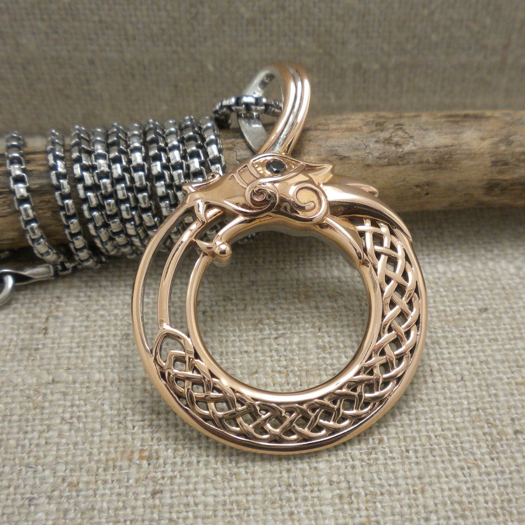 Sterling Silver &amp; Bronze Celtic Dragon Pendant with Black CZ Eye