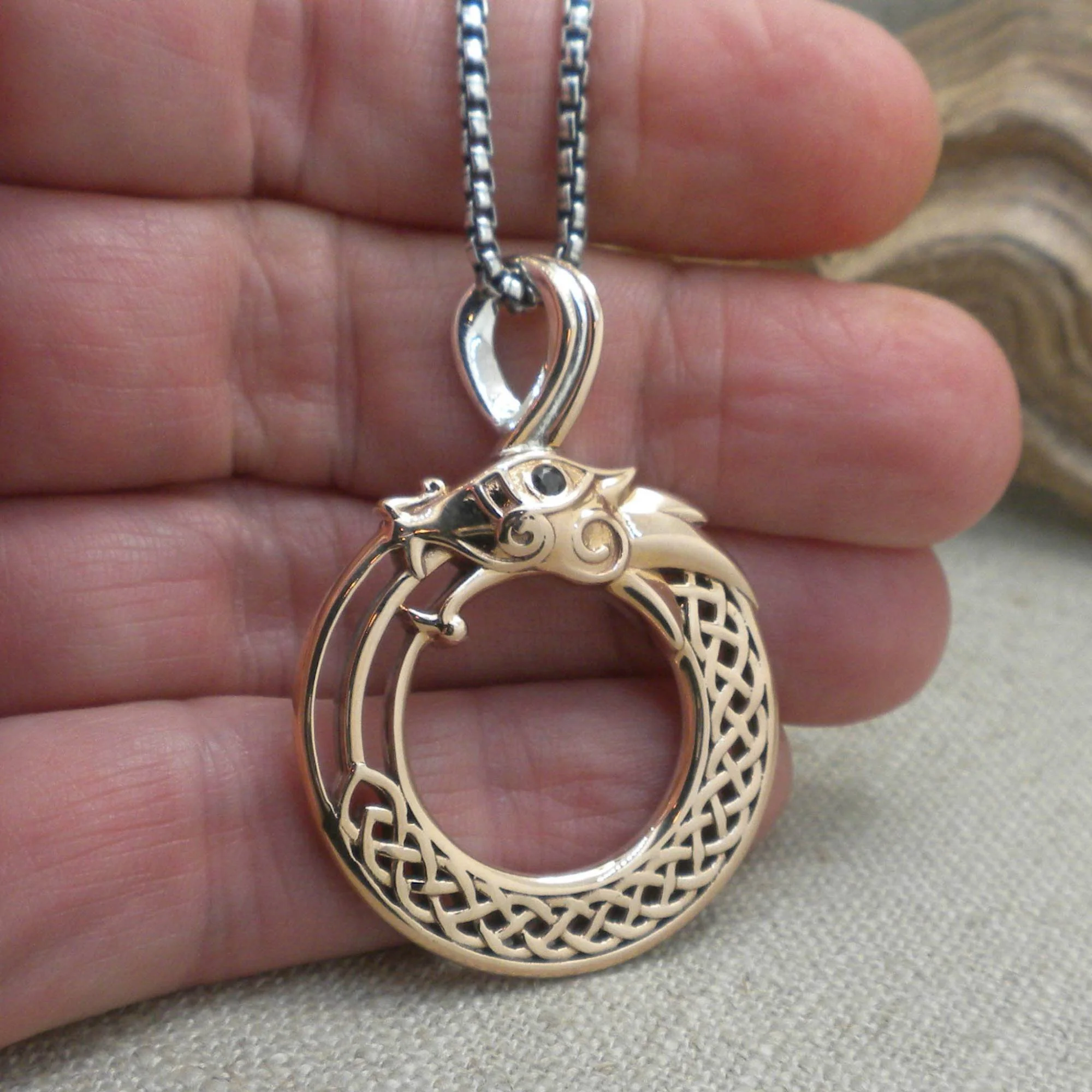 Sterling Silver &amp; Bronze Celtic Dragon Pendant with Black CZ Eye by Keith Jack