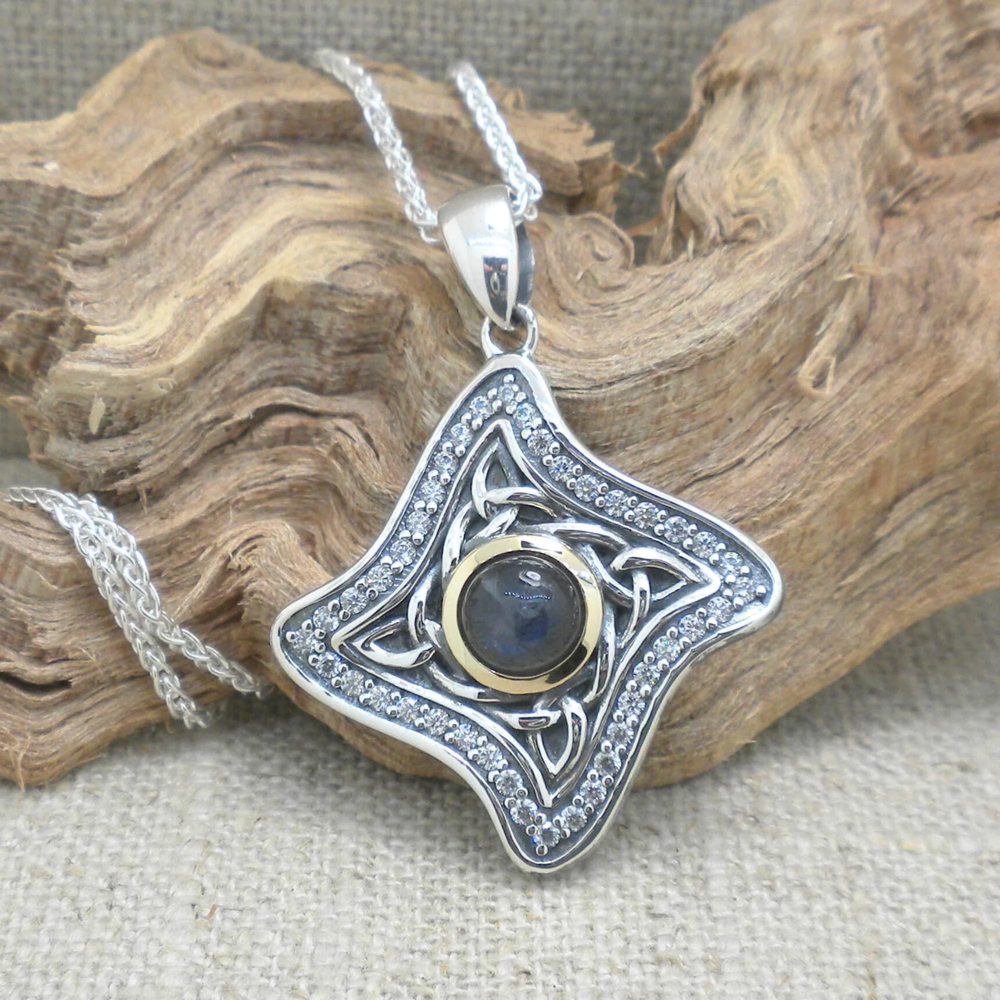 Sterling Silver with Labradorite and 10K Bezel Celestial Trinity Knot Pendant