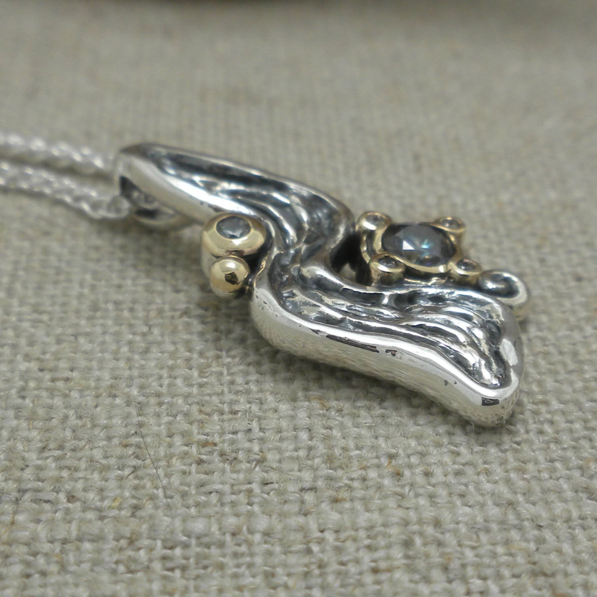 Silver and 10k Gold Rocks 'n Rivers Pendant with Mystic Blue Moissanite