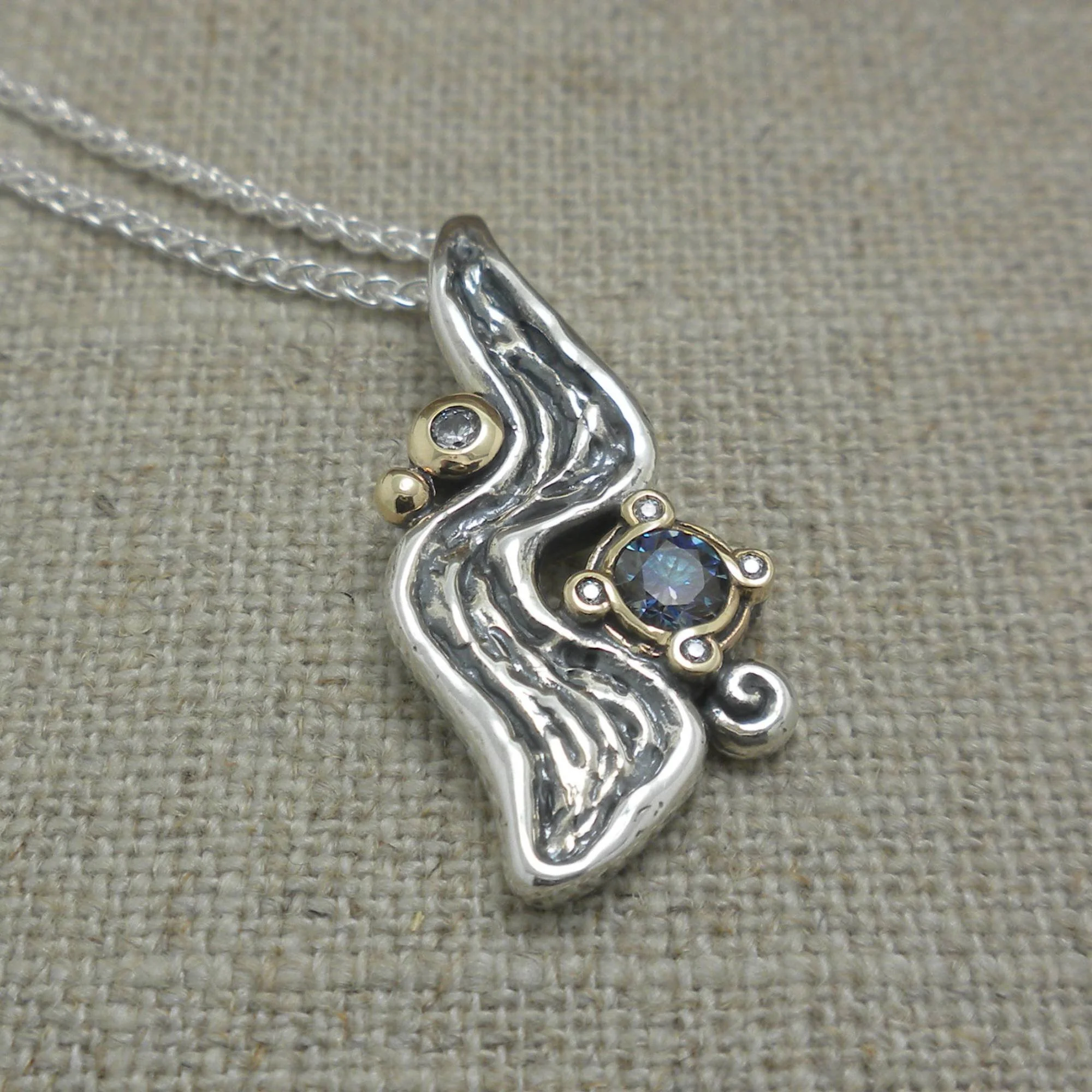 Silver and 10k Gold Rocks 'n Rivers Pendant with Mystic Blue Moissanite
