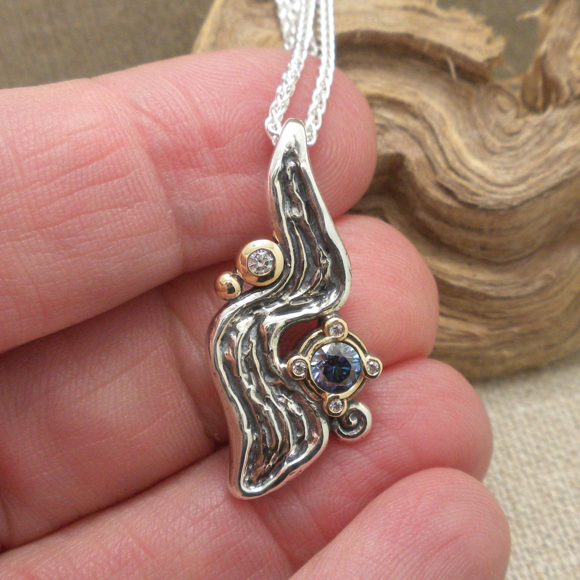 Silver and 10k Gold Rocks 'n Rivers Pendant with Mystic Blue Moissanite