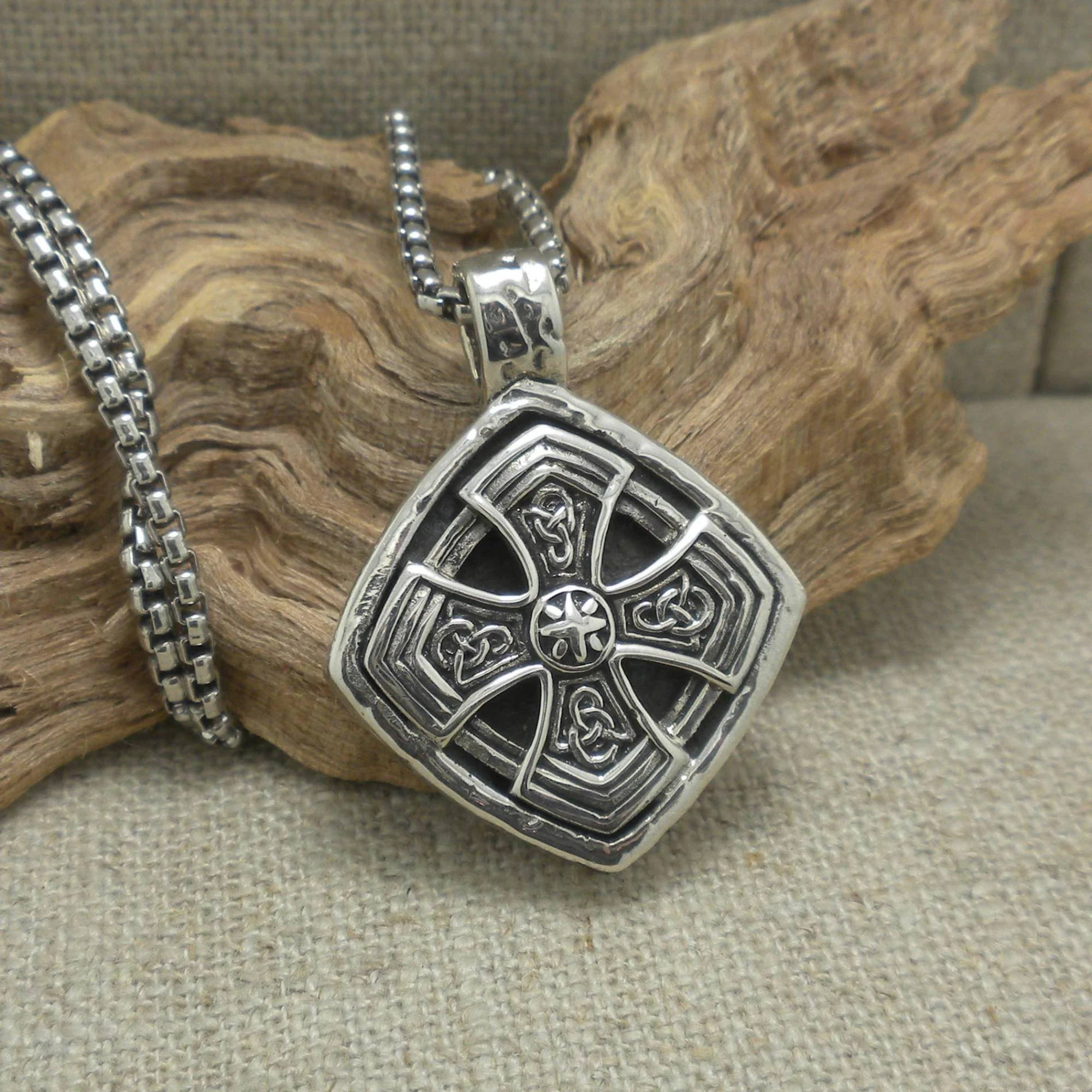 Large Sterling Silver Cushion Celtic Cross Pendant  