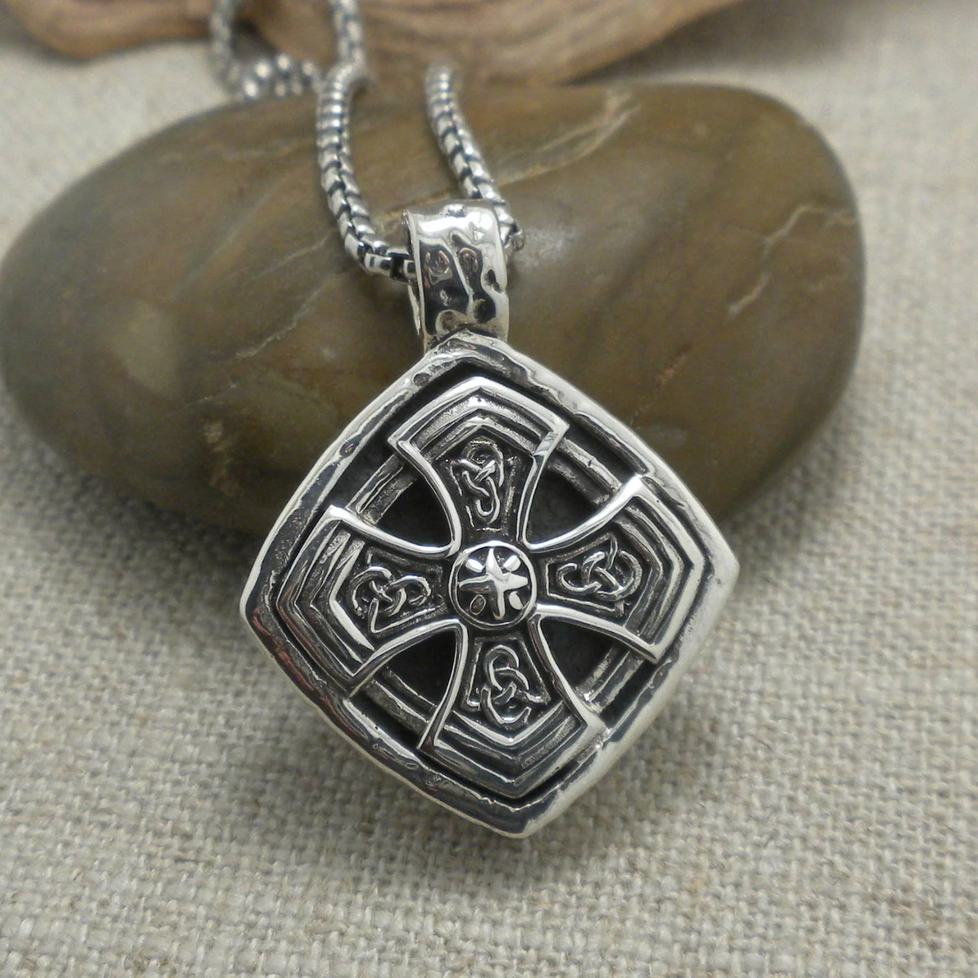 Large Sterling Silver Cushion Celtic Cross Pendant