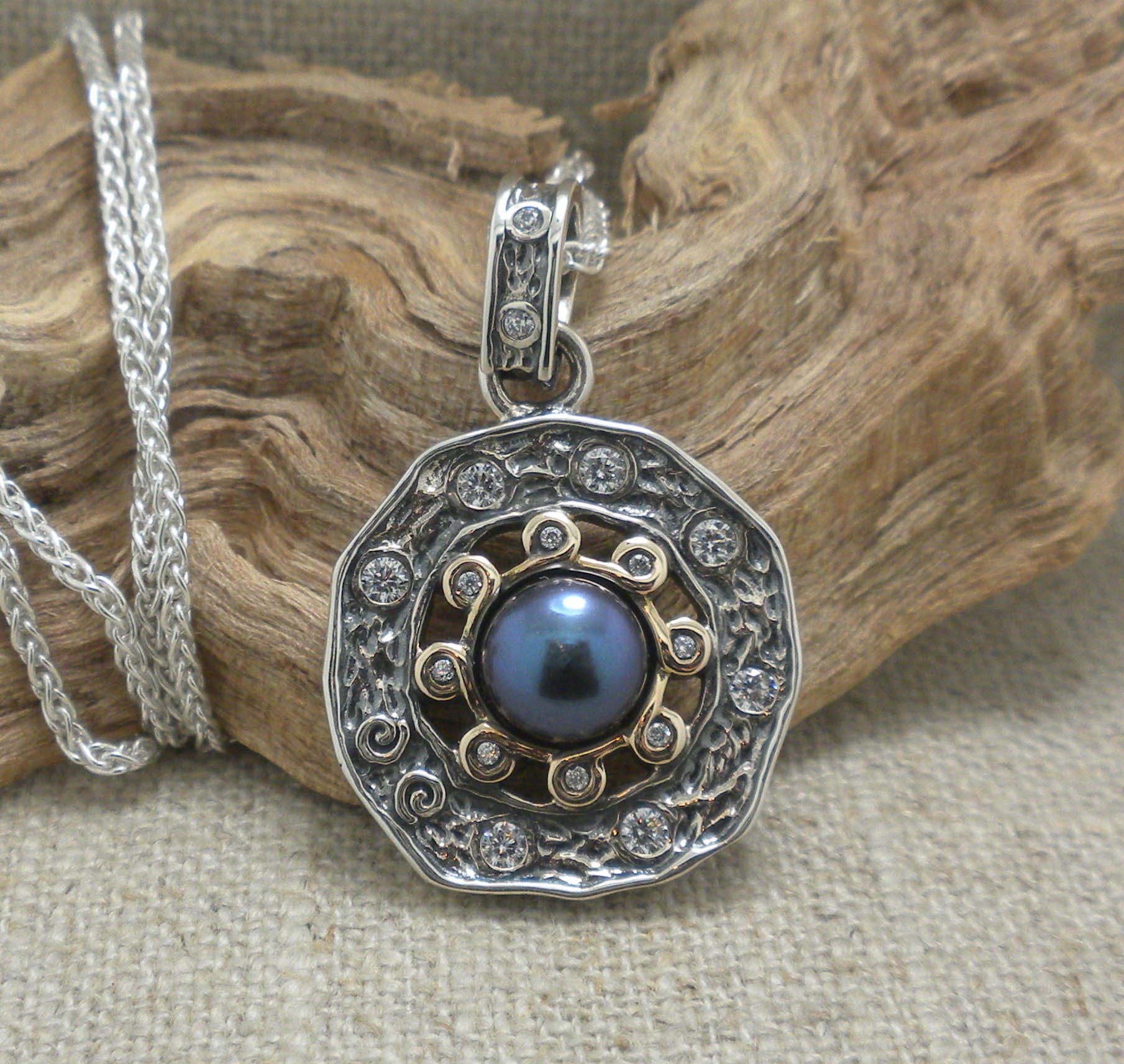 Sterling Silver &amp; 10K Aphrodite Pendant with Freshwater Peacock Pearl