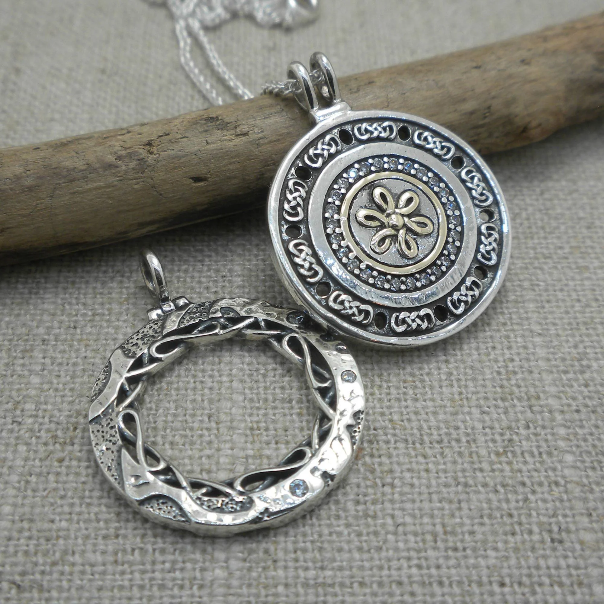 Sterling, 10K &amp; 14K Gilding Eclipse Pendant Flower &amp; Celtic Knots 