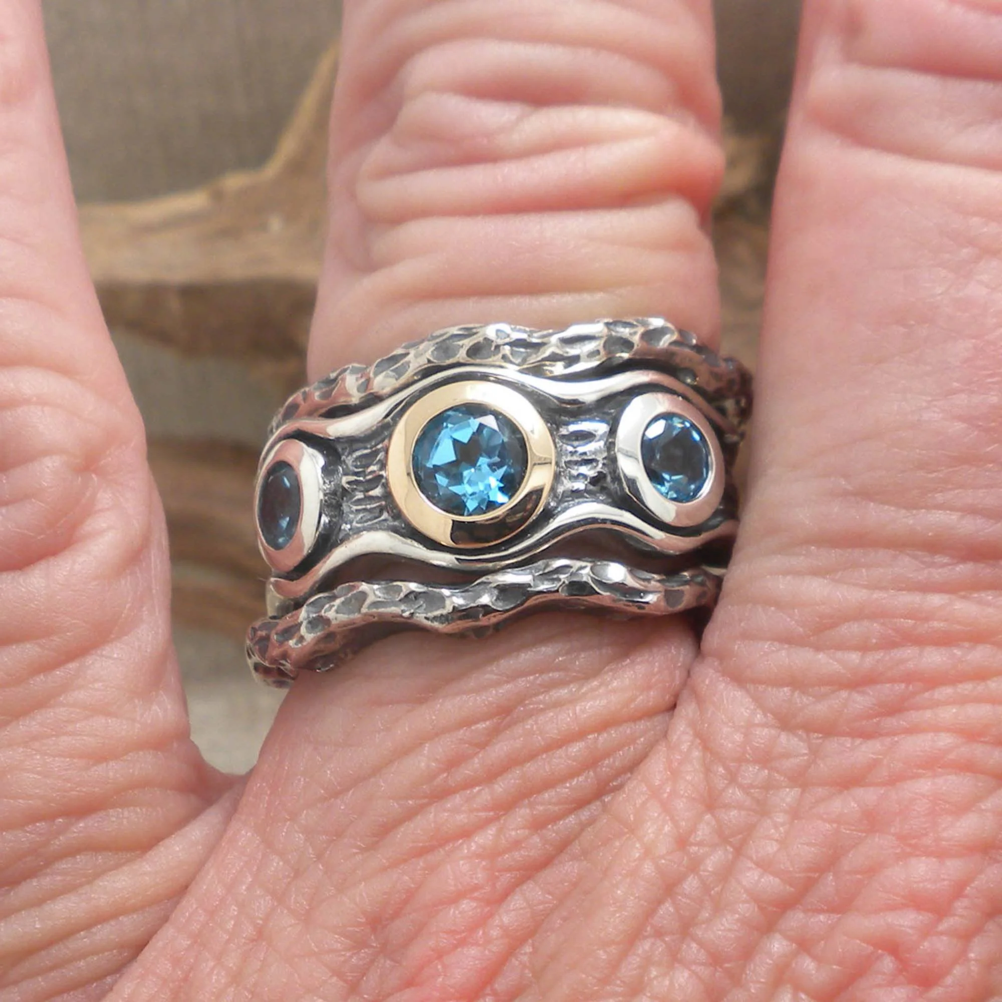 Sterling Silver &amp; 10K Rocks 'N Rivers Ring with Sky Blue Topaz &amp; Rails