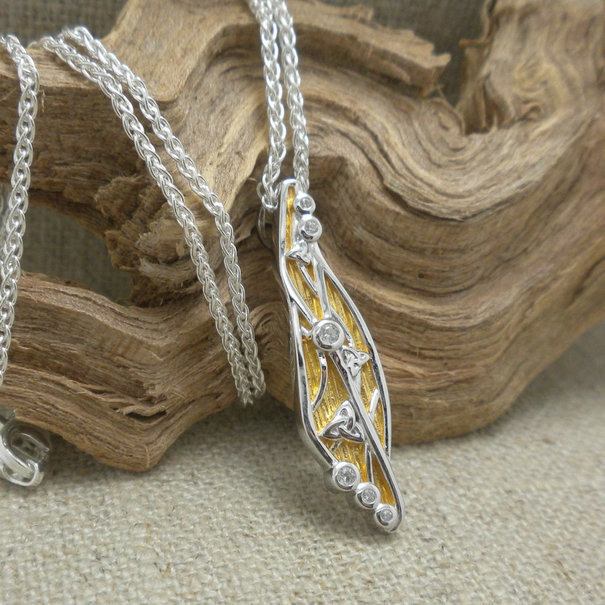 Sterling Silver Celtic Trinity Knot Celestial Pendant with 23K Gilding with CZs