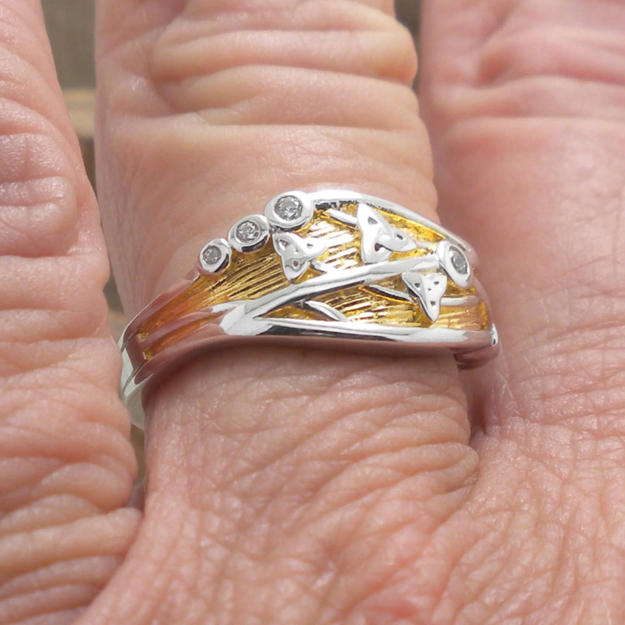 Sterling Silver Celtic Trinity Knot Celestial Ring with 23K Gilding with CZs