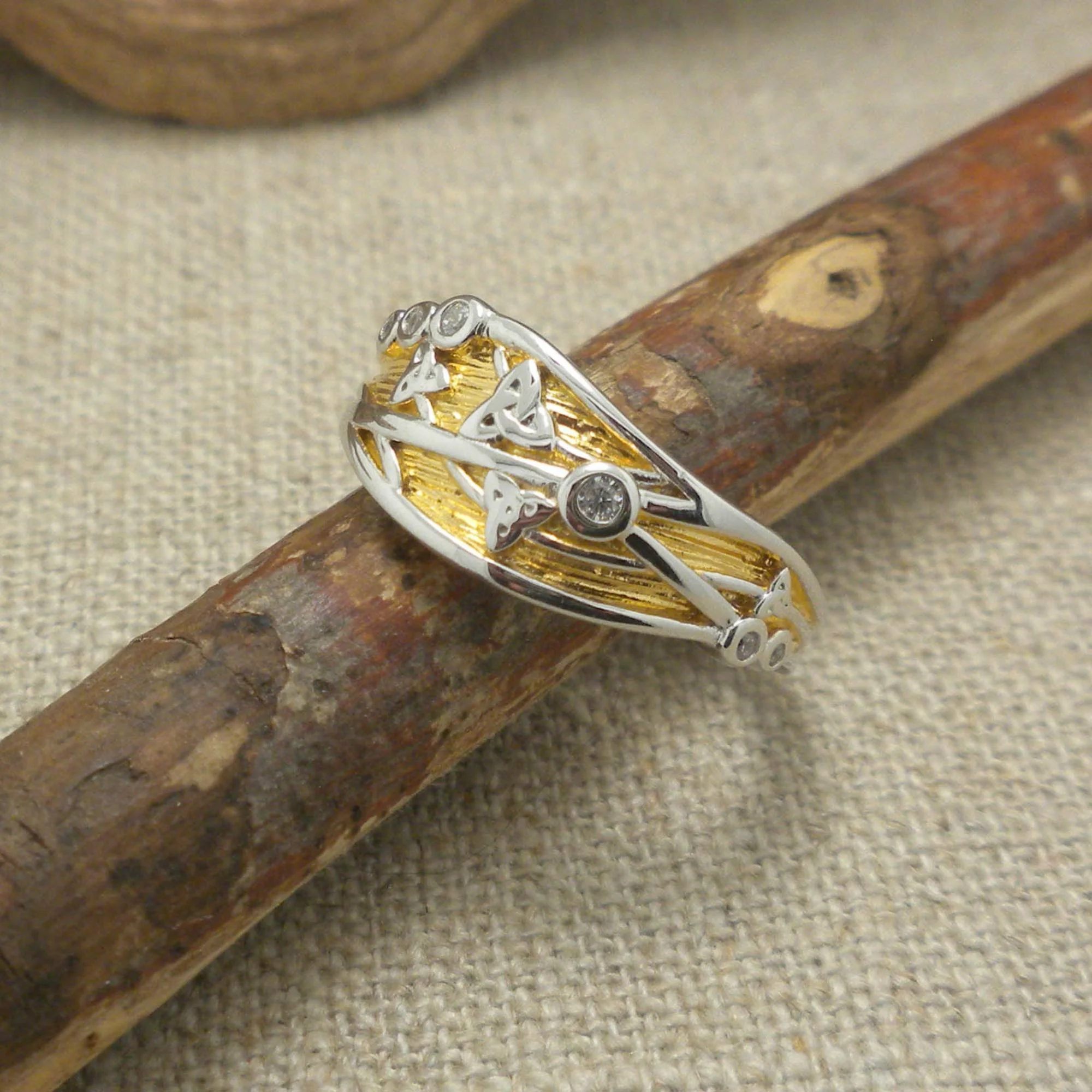 Sterling Silver Celtic Trinity Knot Celestial Ring with 23K Gilding with CZs