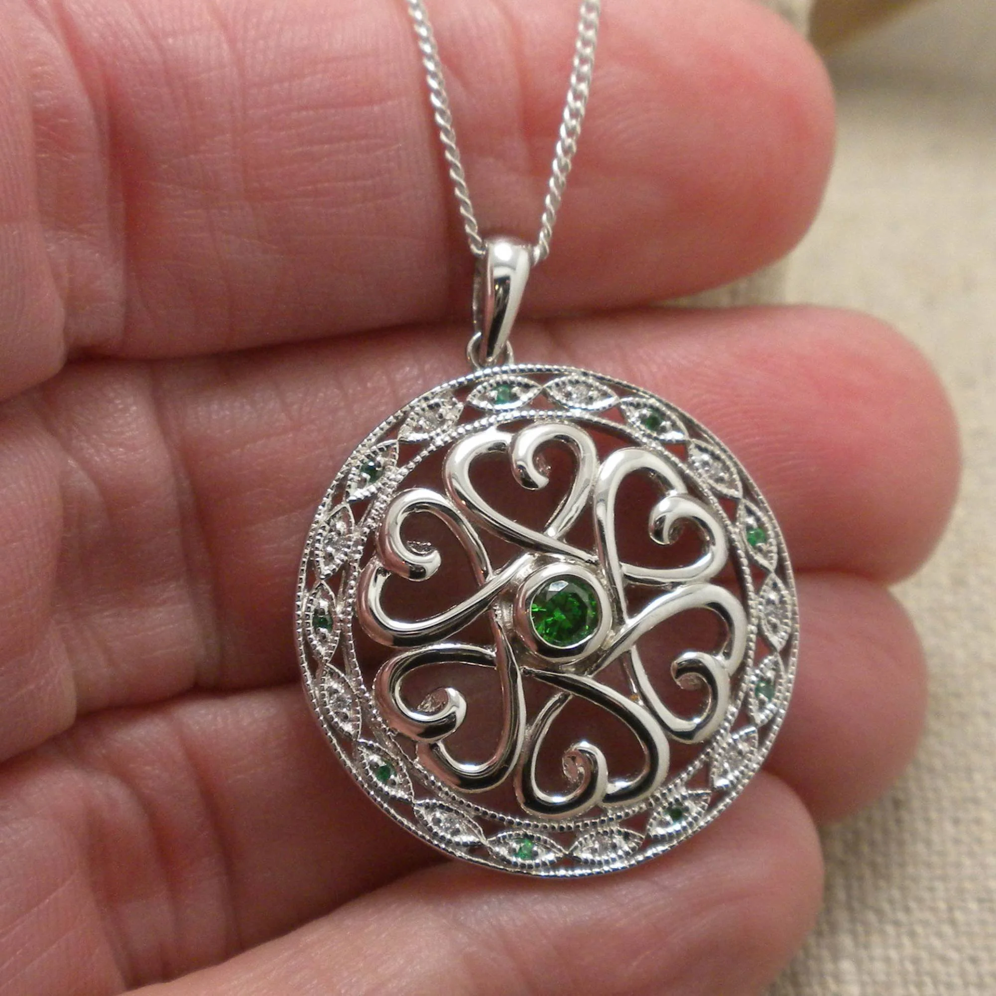 Sterling Silver Irish Celtic Heart Pendant with White &amp; Green CZs 
